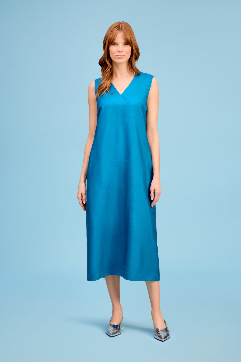 LIVRO Column Dress in turquoise blue featuring a sleeveless V-neckline and relaxed midi silhouette at Harringtons Boutique.