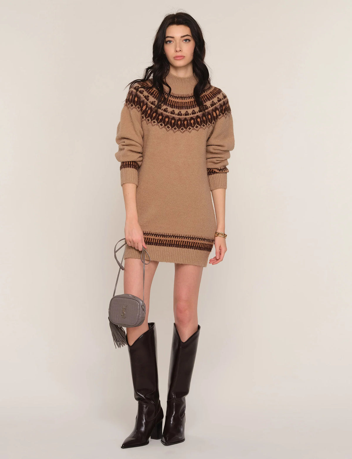 Heartloom Roxas camel Fair Isle sweater mini dress styled with tall boots