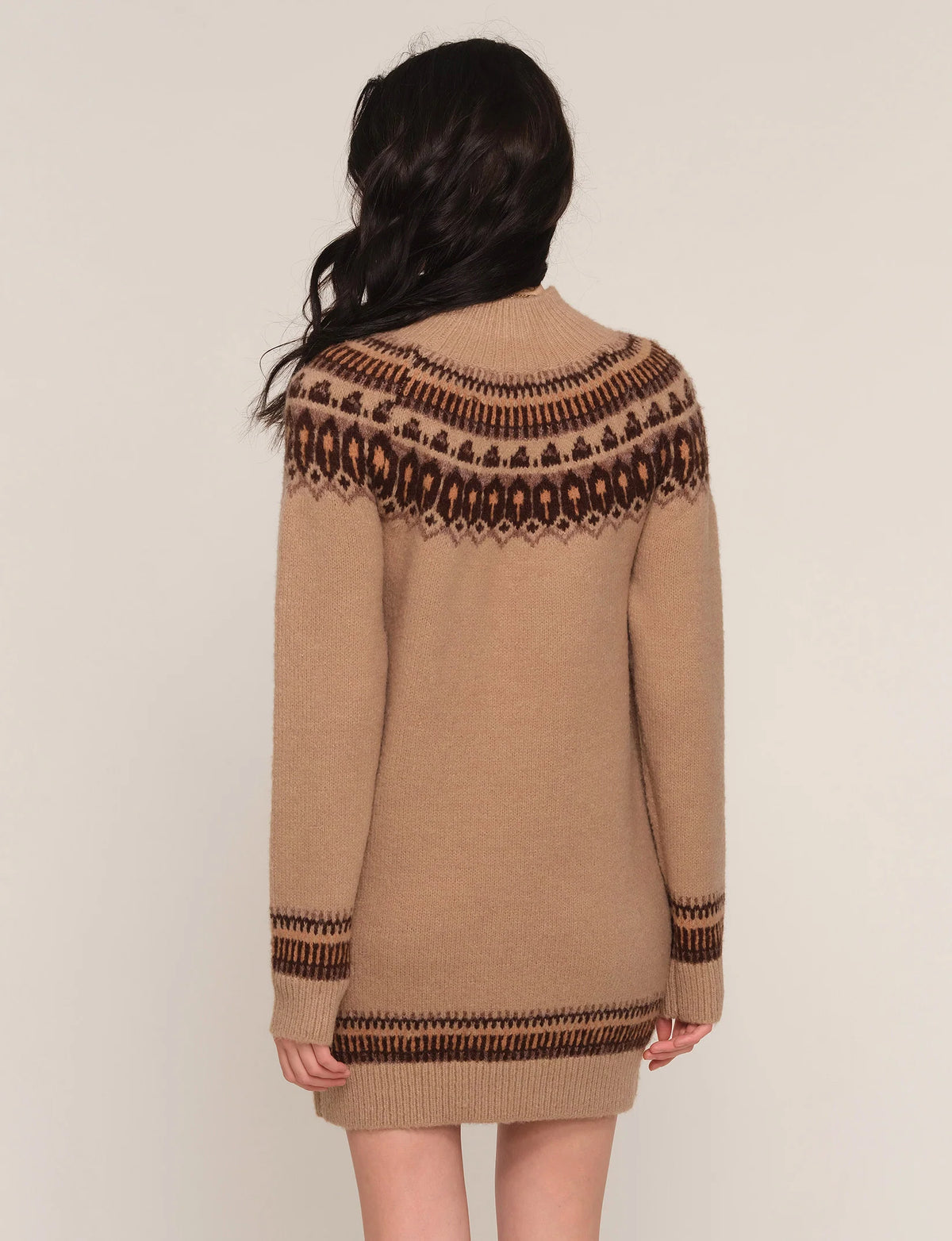 Back view of Heartloom Roxas camel sweater dress with Fair Isle pattern
