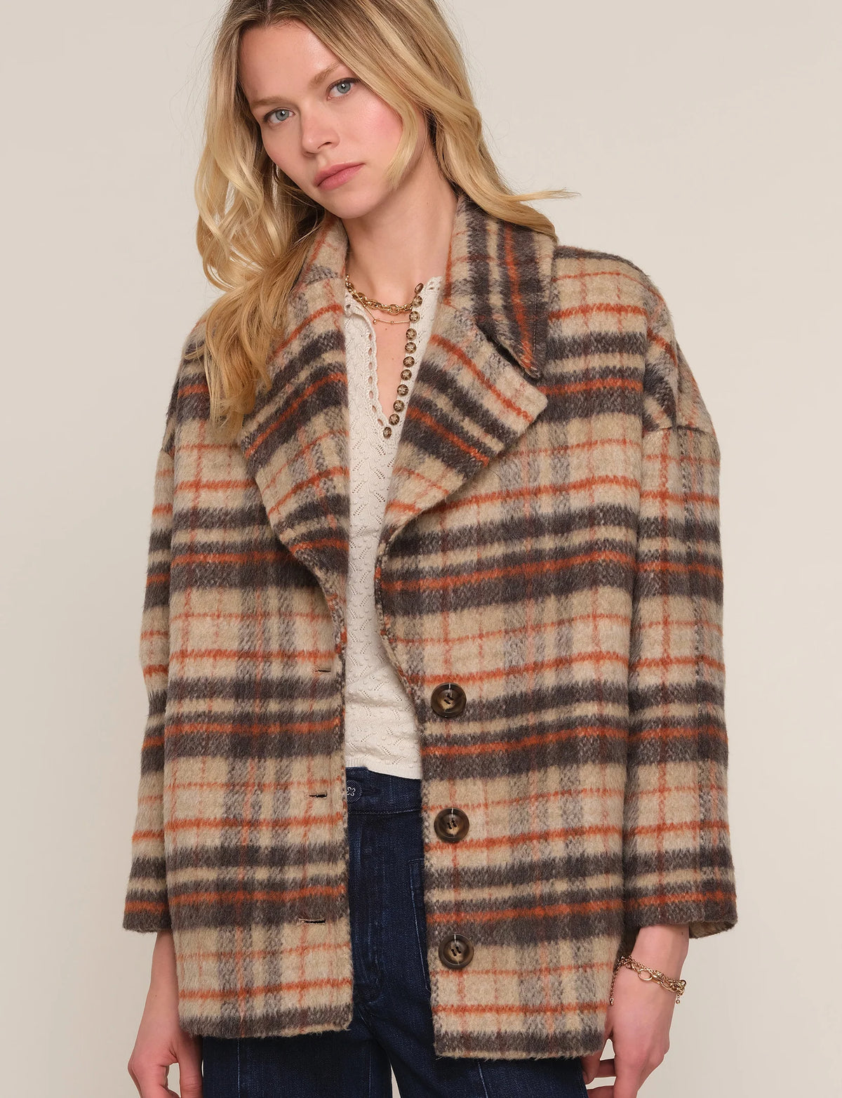 Heartloom Mackie Coat plaid pattern and button detail
