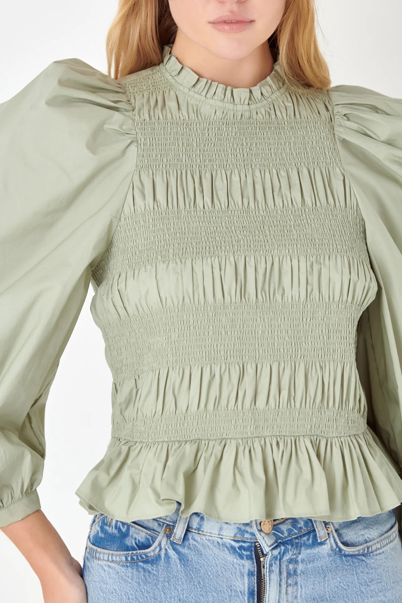 SAGE SMOCKING POPLIN BLOUSE