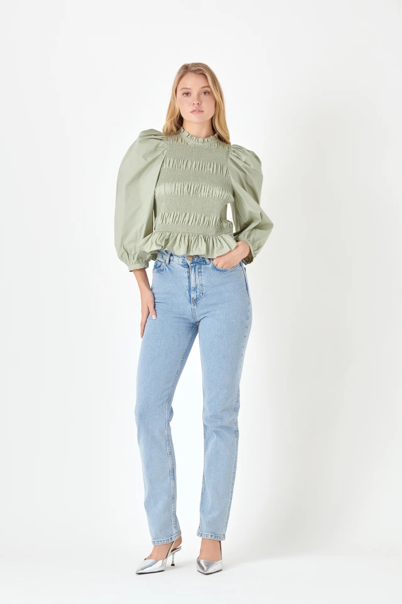 SAGE SMOCKING POPLIN BLOUSE