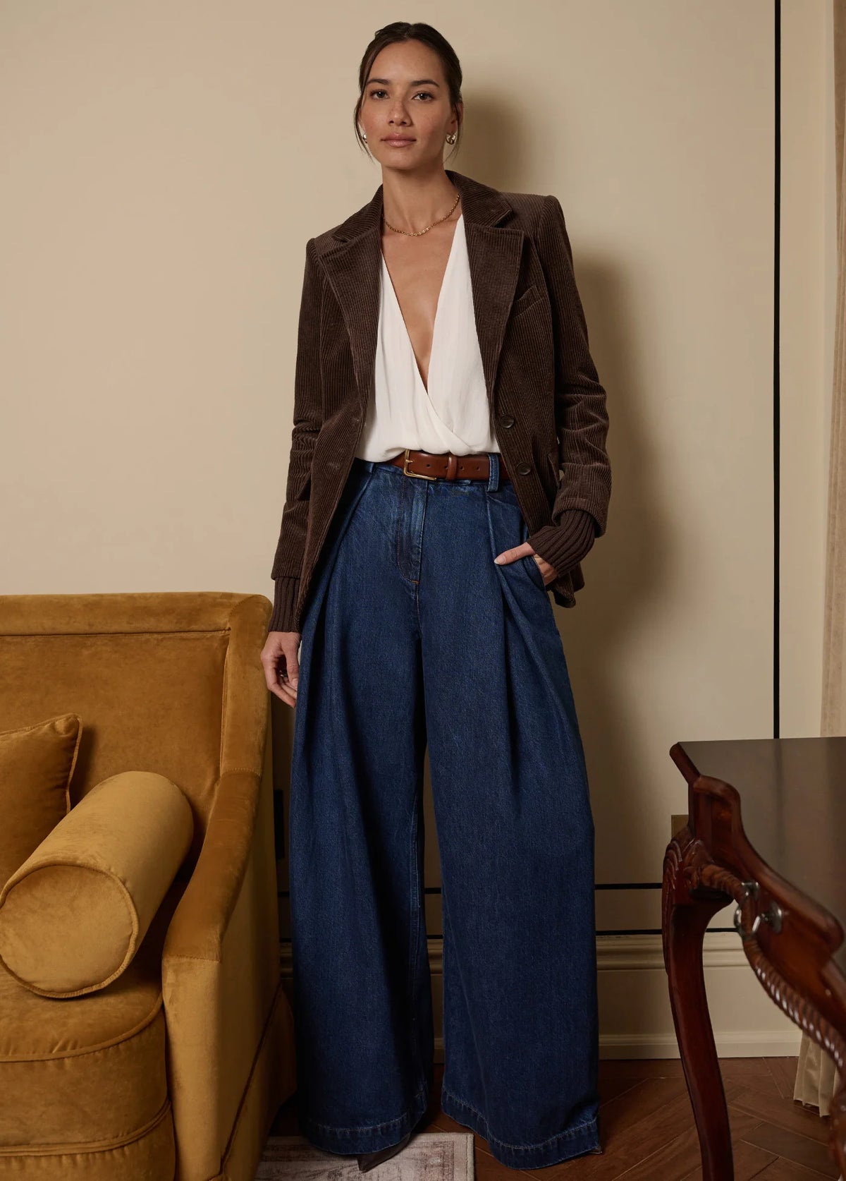 Favorite Daughter Pleats for Days dark wash wide leg denim pants styled with brown blazer