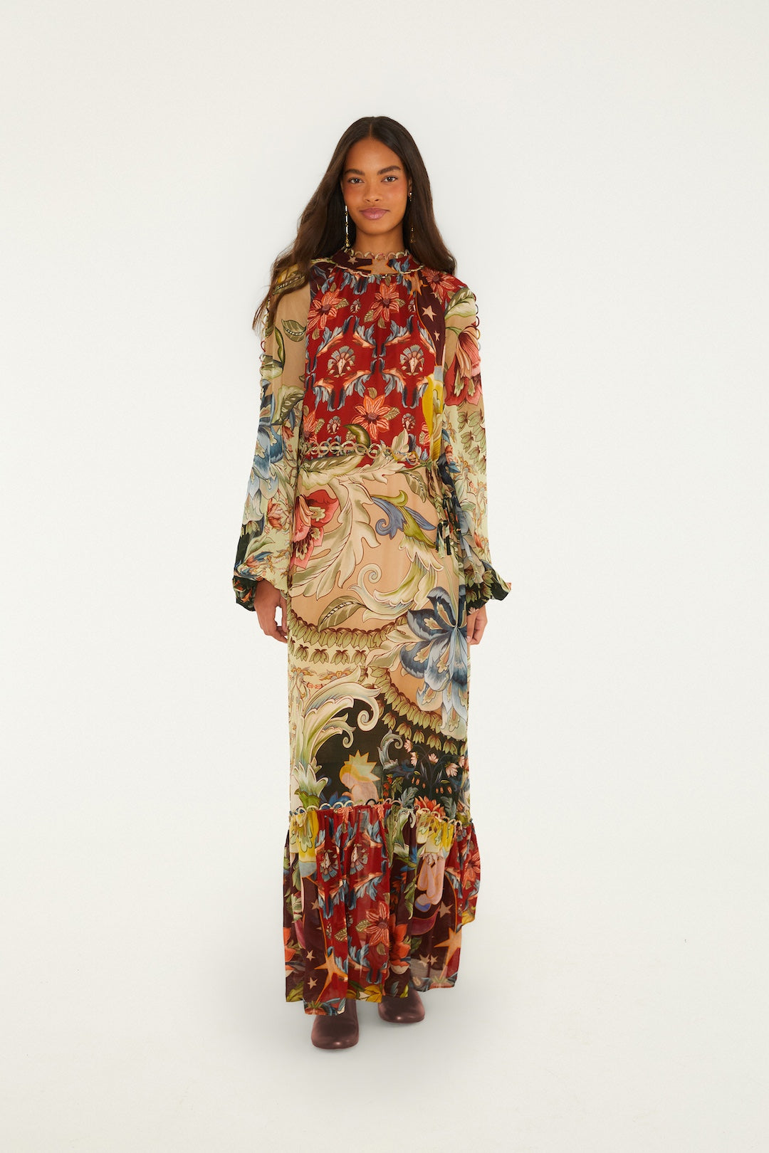 FARM RIO LUNAR BOHO MULTICOLOR LONG SLEEVE MAXI DRESS