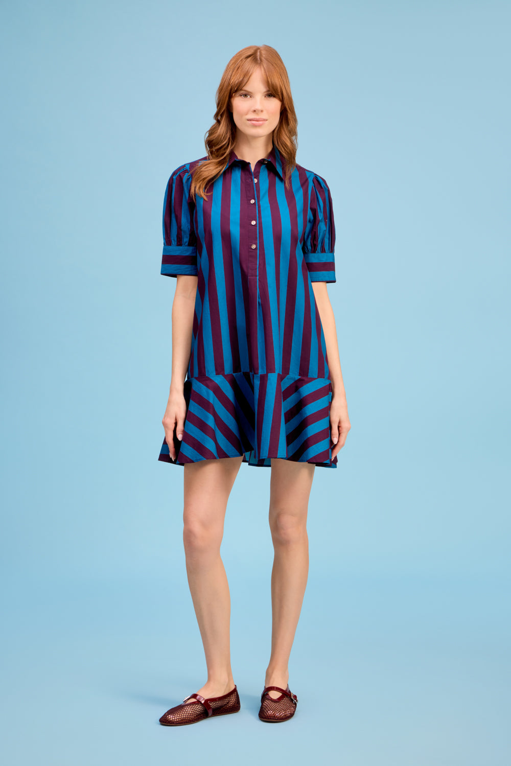 LIVRO Liv Dress in blue and burgundy stripes featuring a collared neckline, short sleeves, and mini length at Harringtons Boutique.