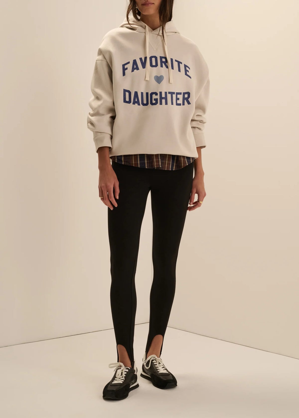 Favorite Daughter Favorite Heart Hoodie in cream with blue graphic styled with black leggings