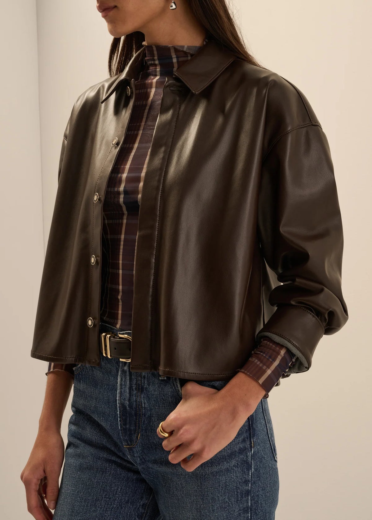 Favorite Daughter Leather Brady Shirt with relaxed long sleeves and a classic button-front design.