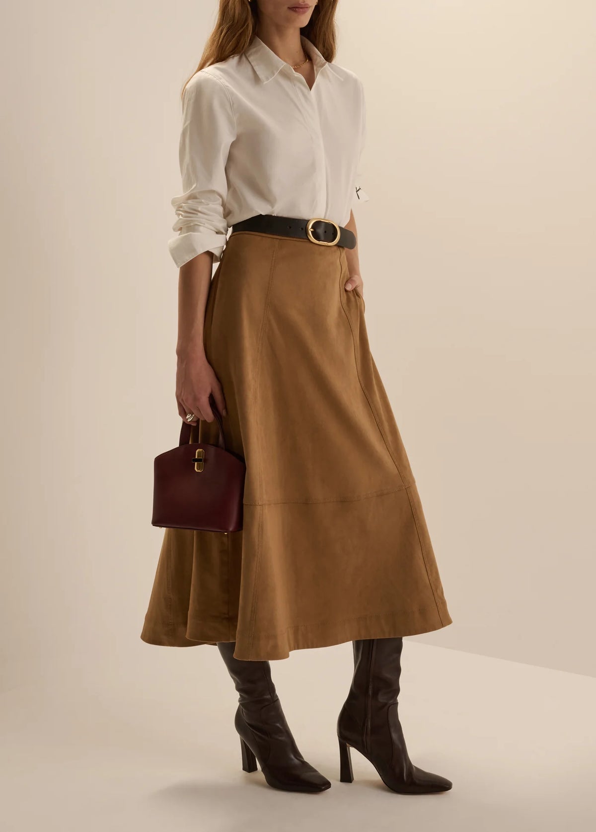 Favorite Daughter Aspen Skirt camel brown A-line midi skirt with white blouse and tall boots