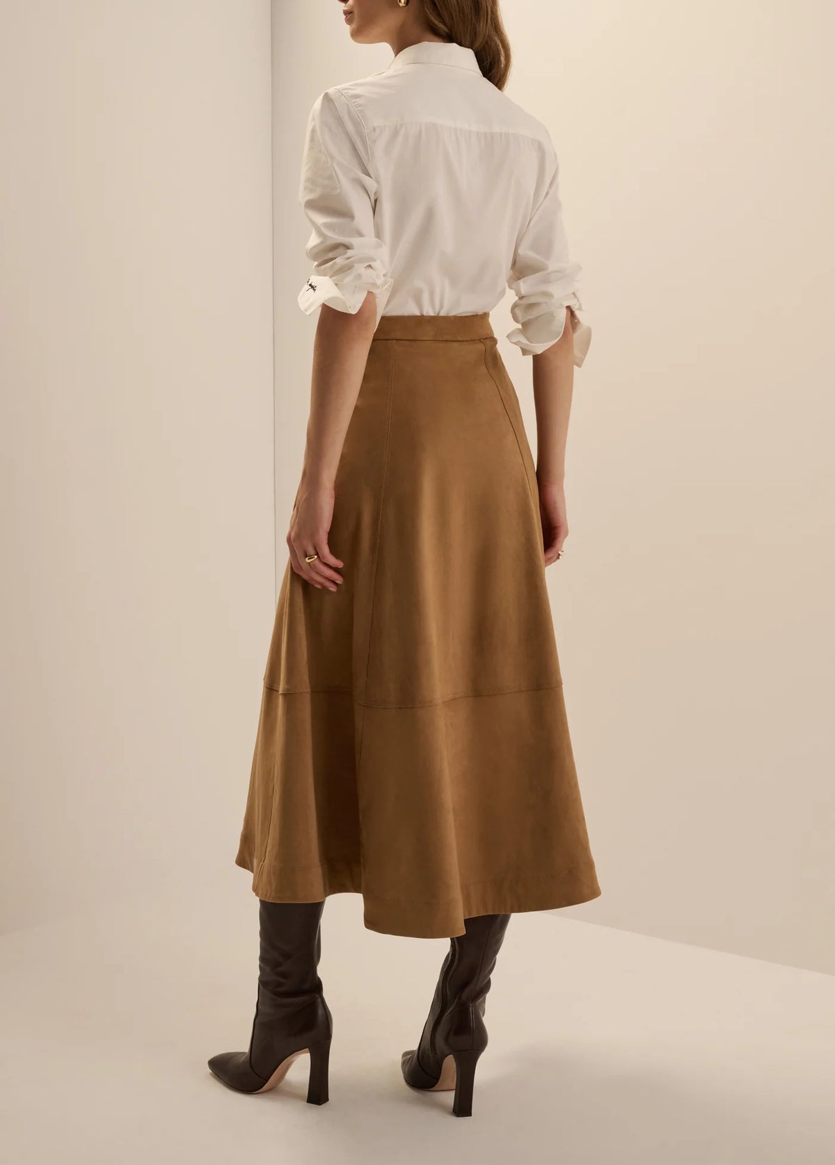 Back view of Favorite Daughter Aspen A-line midi skirt in camel brown