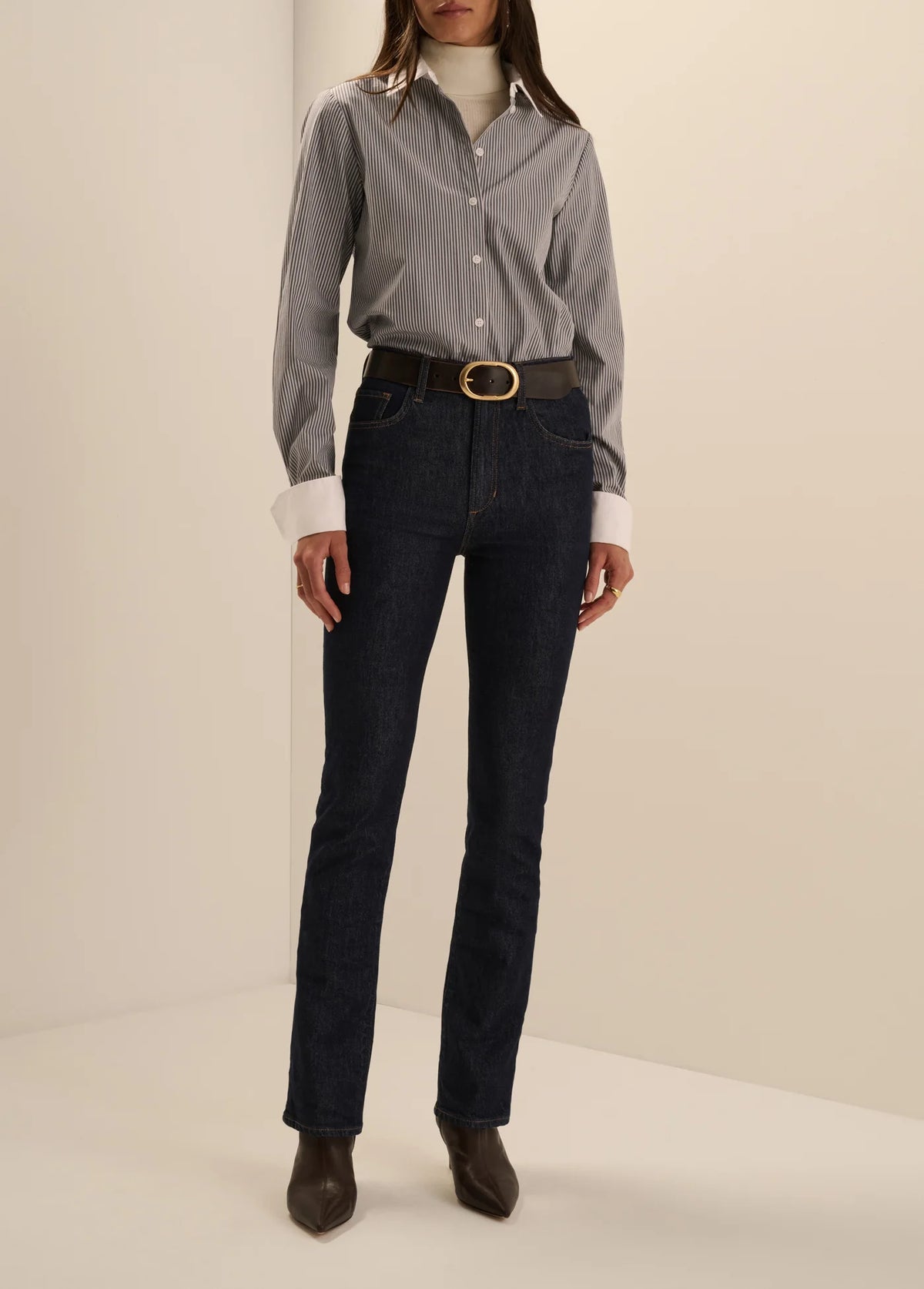 Favorite Daughter Cuffed Statement Shirt styled with dark wash jeans and a black belt.