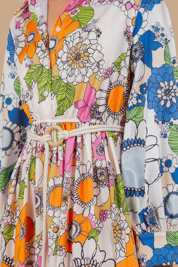 FLORAL PRINT LS RUFFLE DRESS