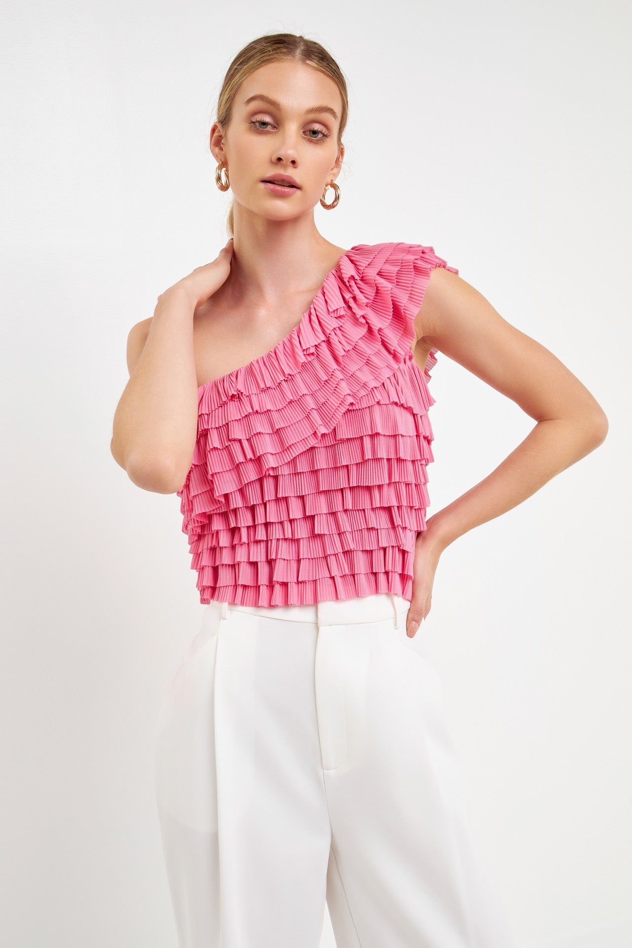 English factory pink ruffled one shoulder top