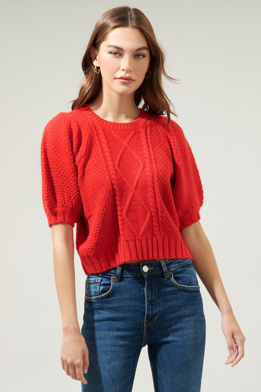CABLE KNIT PUFF SLV SWEATER