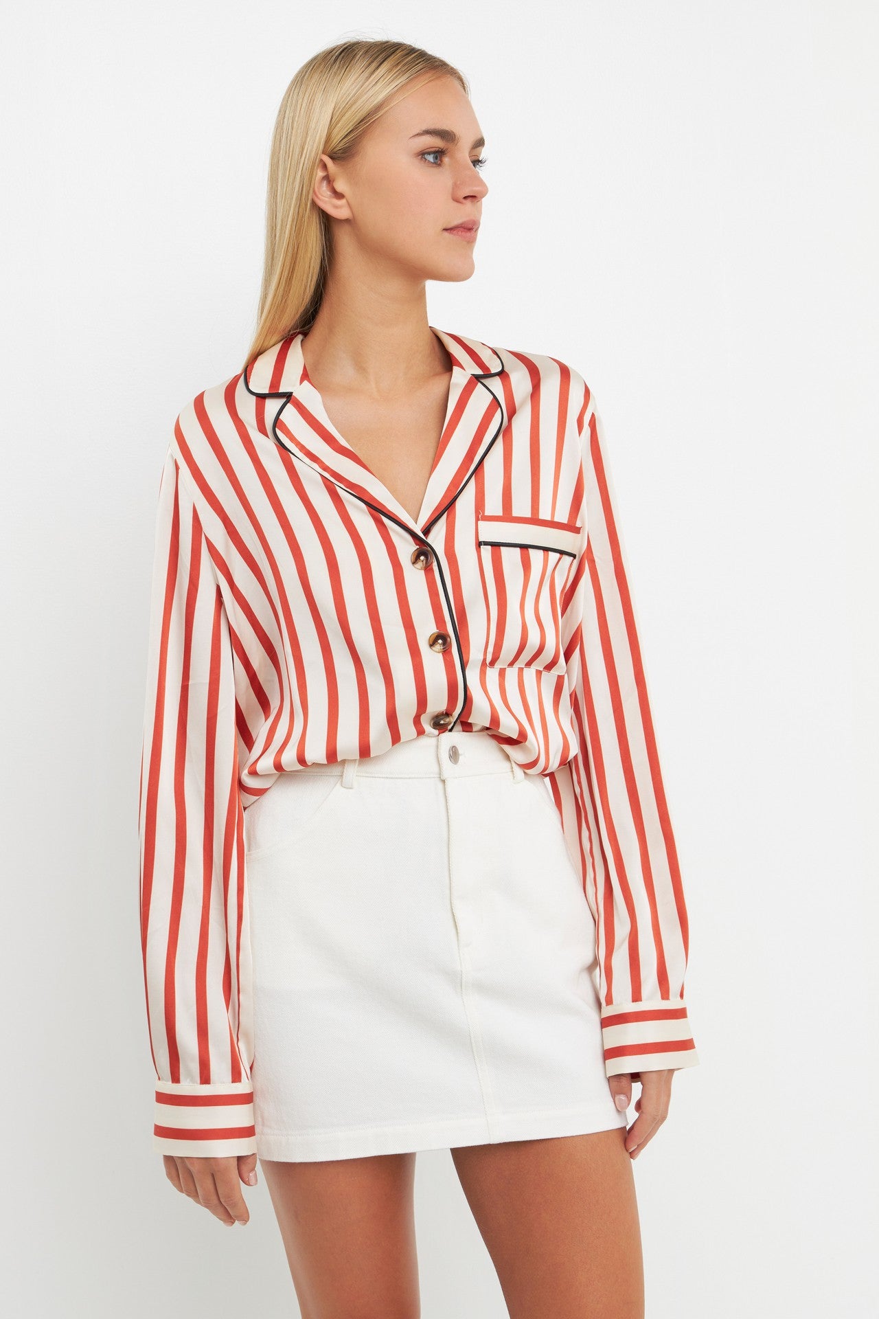 STRIPED SATIN SHIRT WITH PIPING