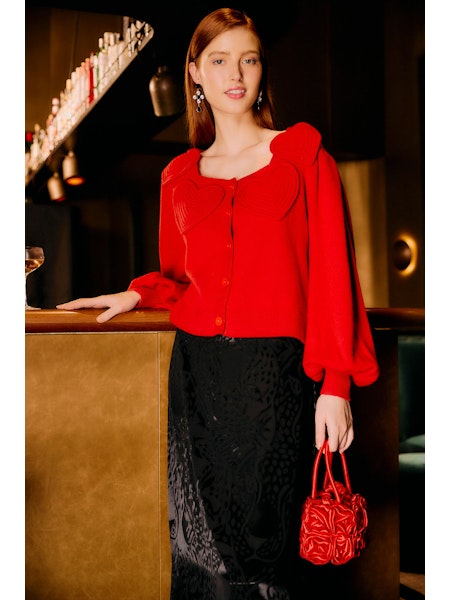 RED HEARTFUL KNIT CARDIGAN