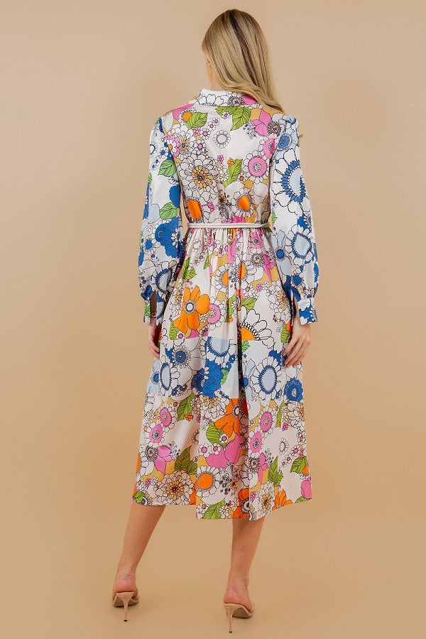 FLORAL PRINT LS RUFFLE DRESS
