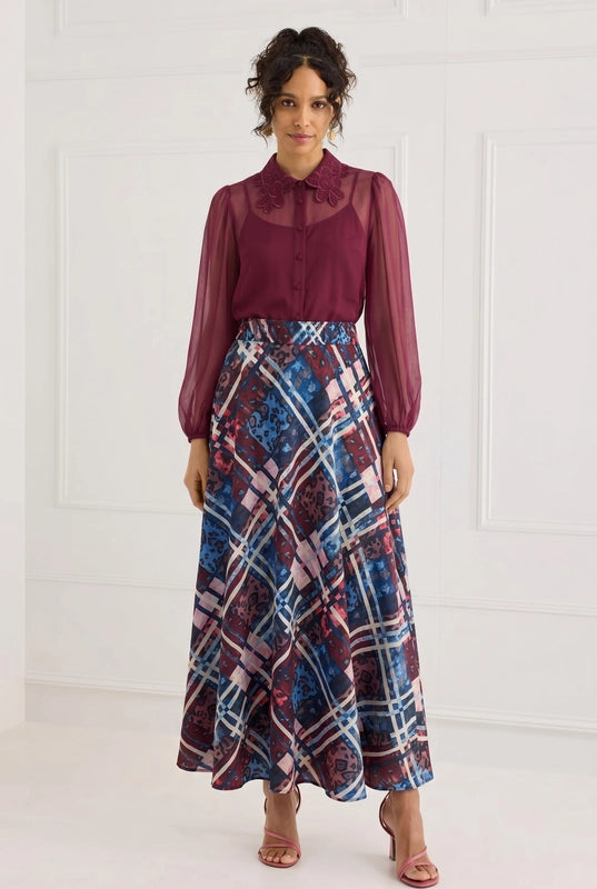 ALIVIA Lizzie multicolor plaid maxi skirt styled with burgundy blouse and boots