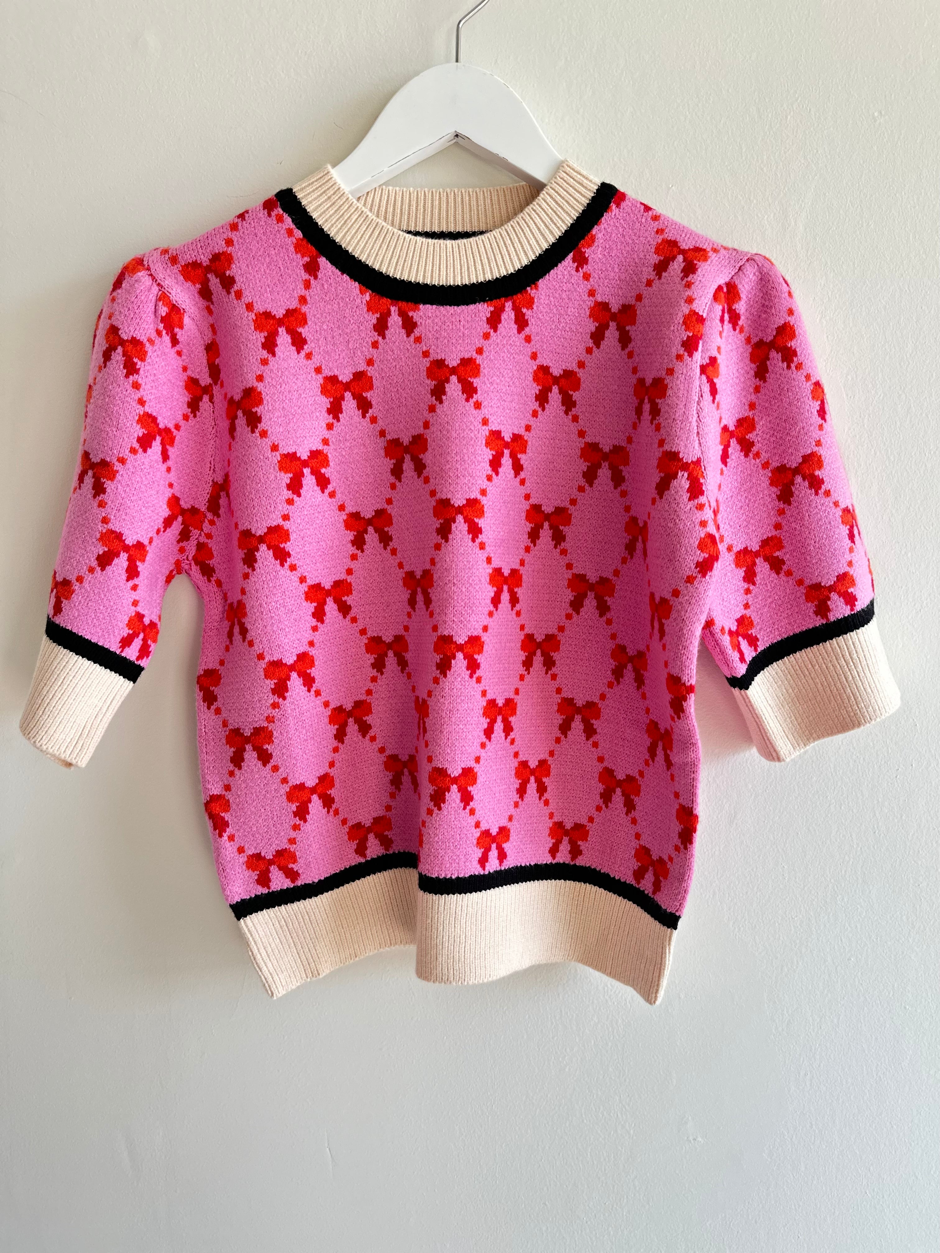 SHORT SLEEVE RIBBON KNIT TOP