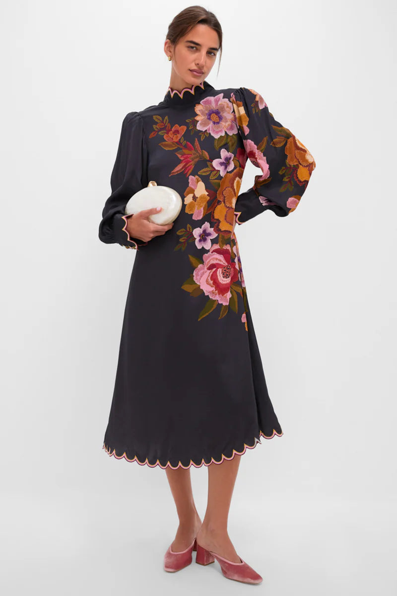 CHENILLE FLOWERS MIDI DRESS