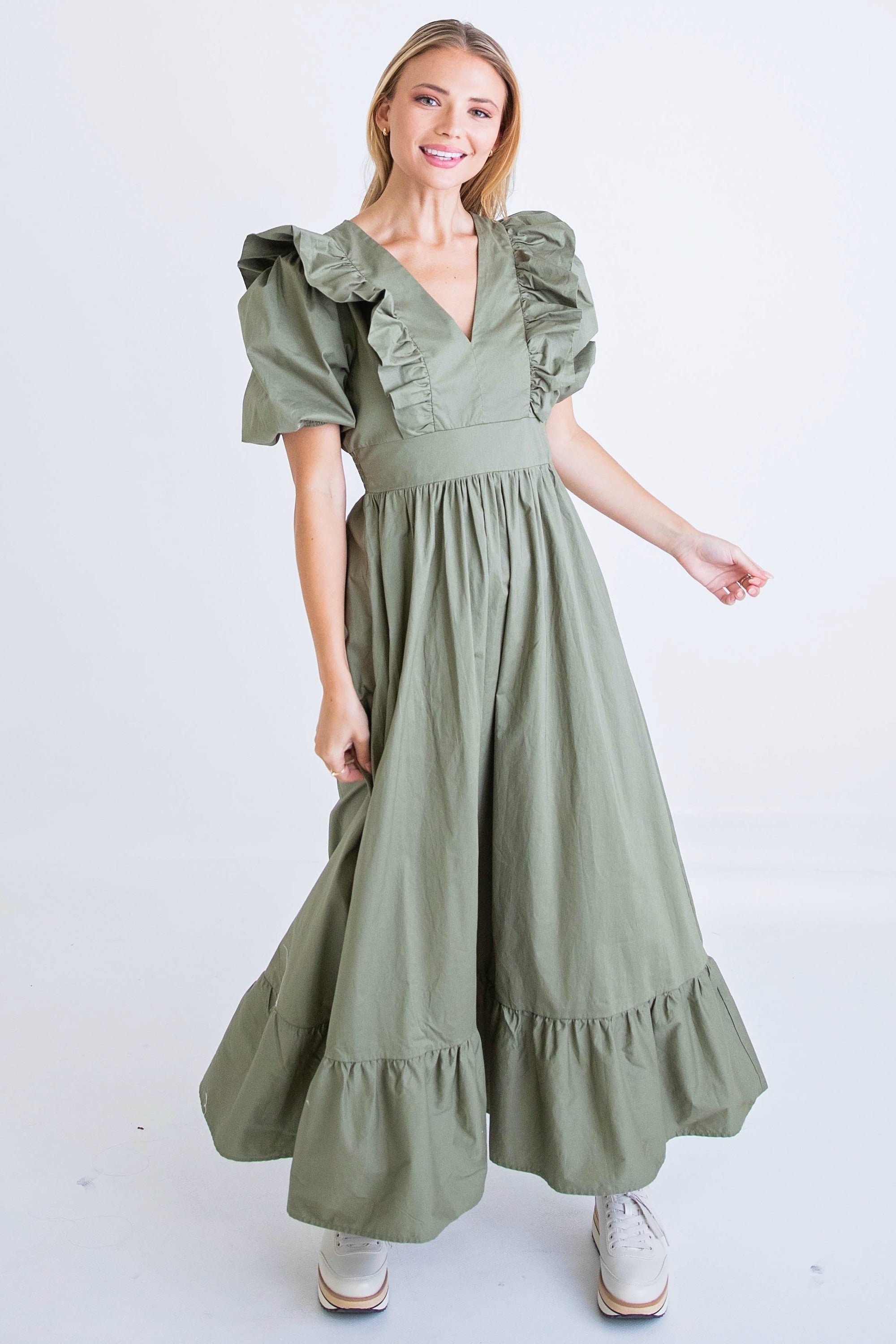 SOLID POPLIN RUFFLE MAXI DRESS