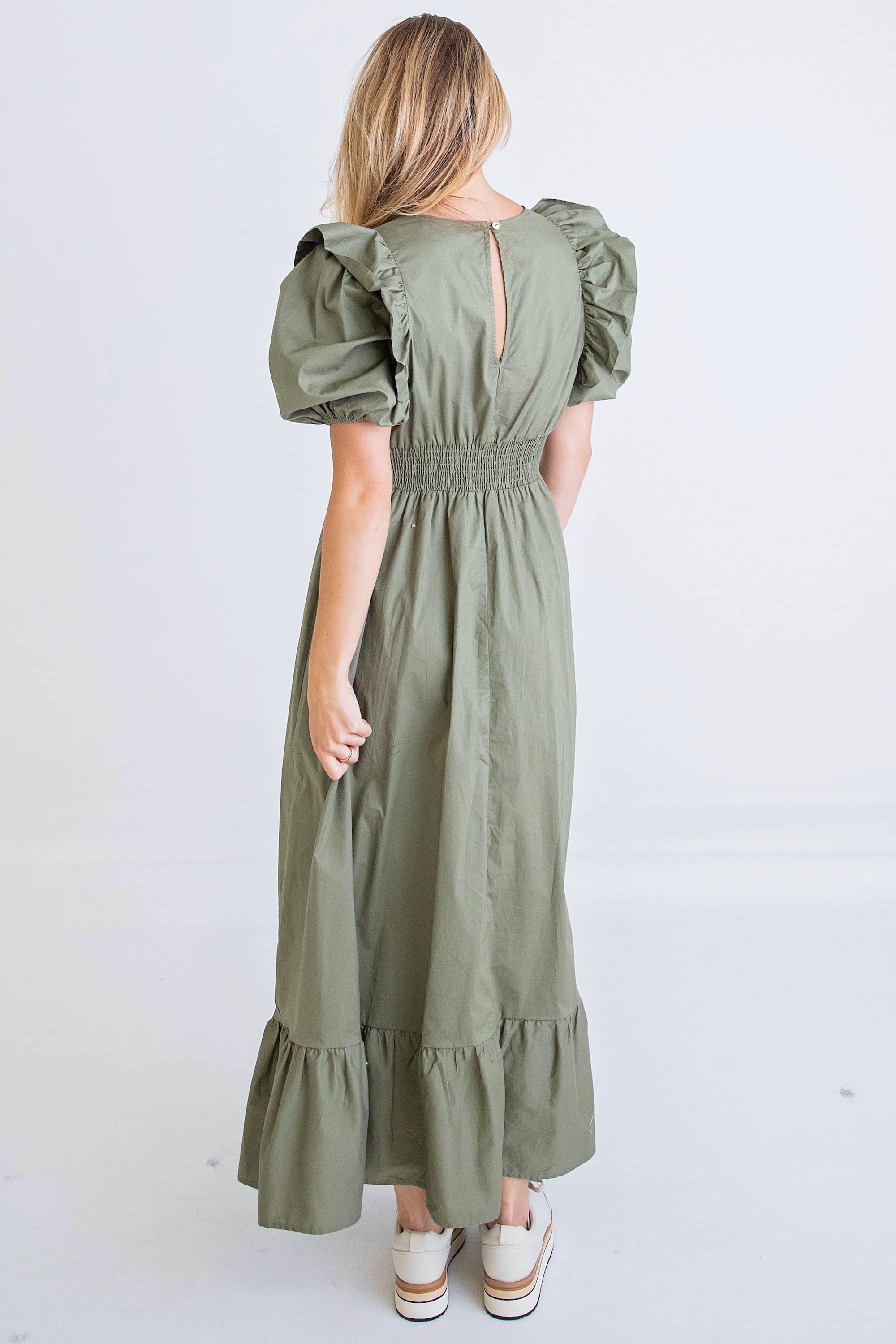 SOLID POPLIN RUFFLE MAXI DRESS