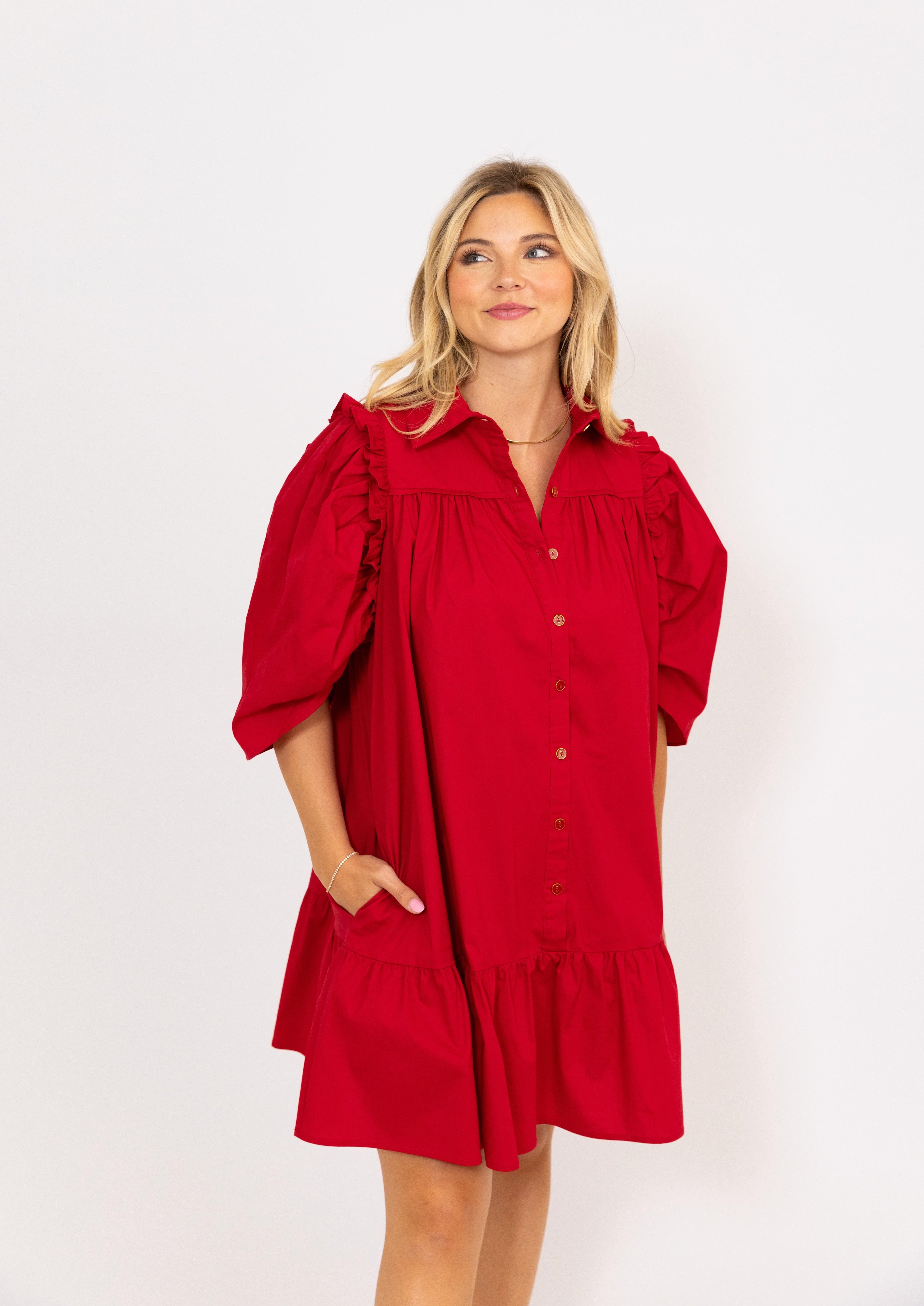 SOLID BUTTON PUFF SLV DRESS