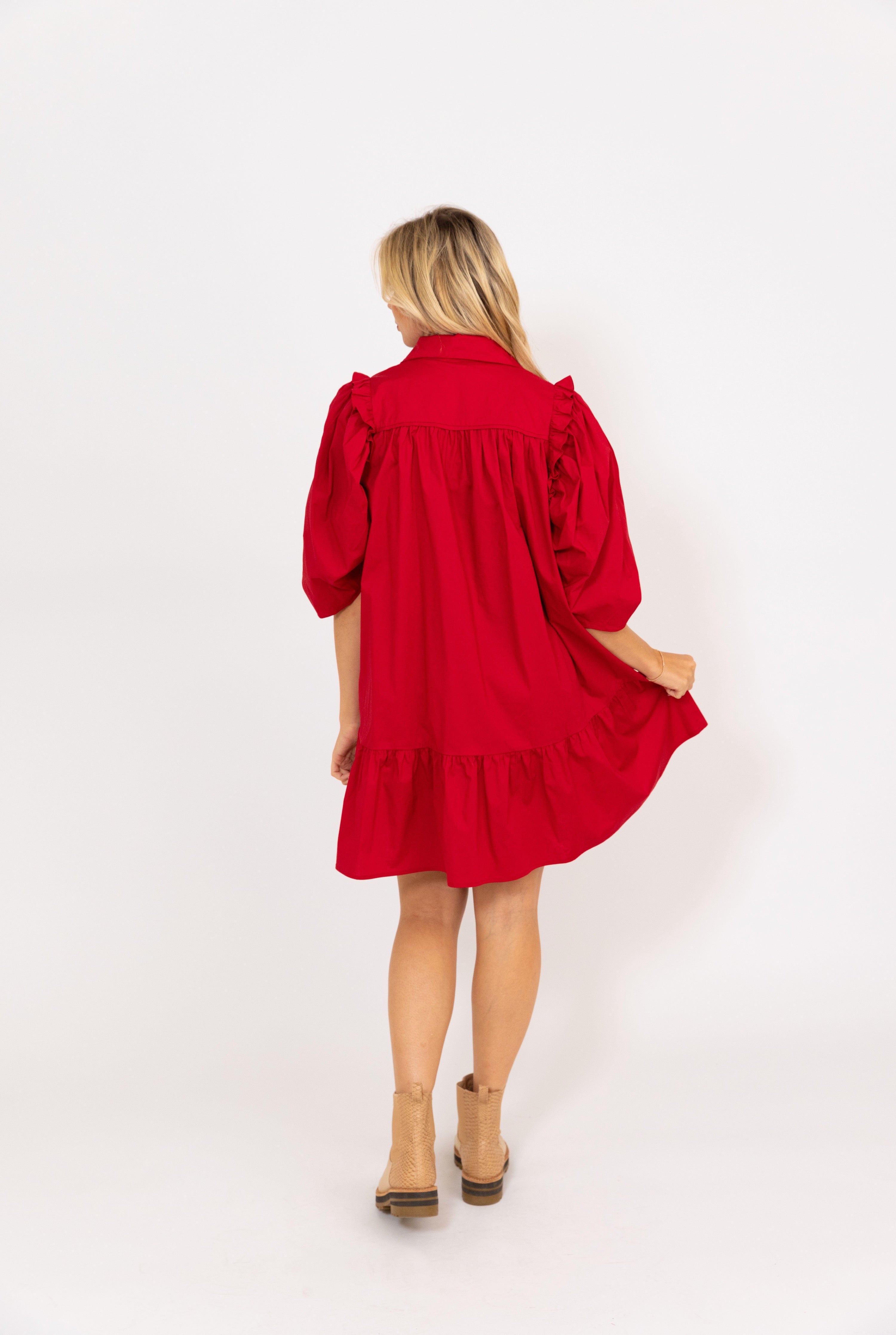 SOLID BUTTON PUFF SLV DRESS