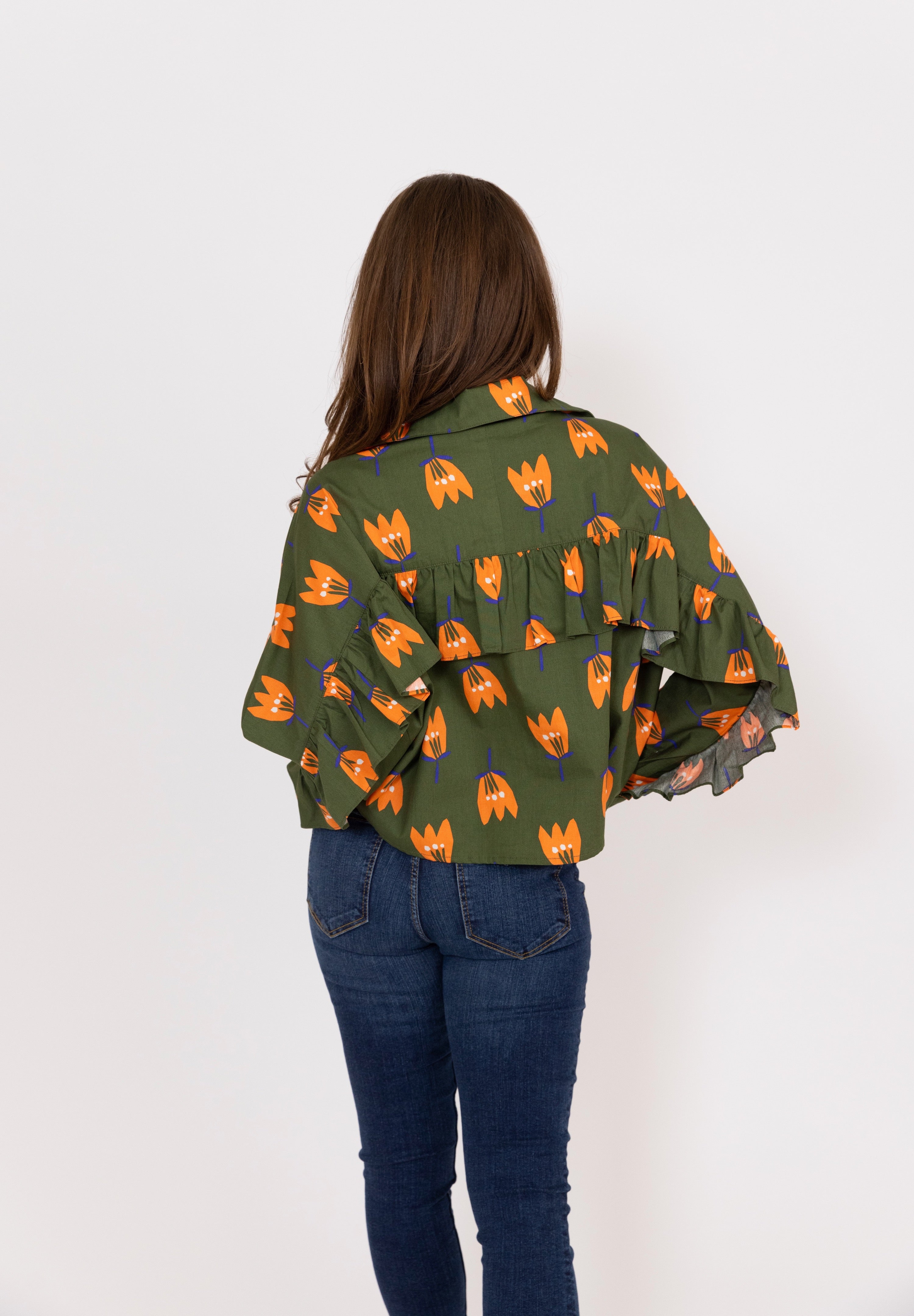 POPLIN POPPY RUFFLE BUTTON TOP