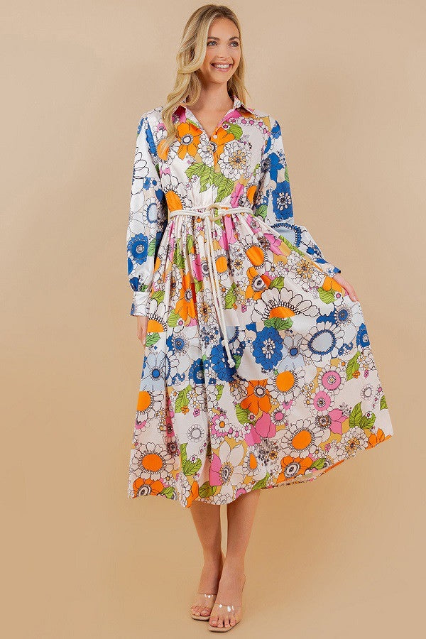 FLORAL PRINT LS RUFFLE DRESS