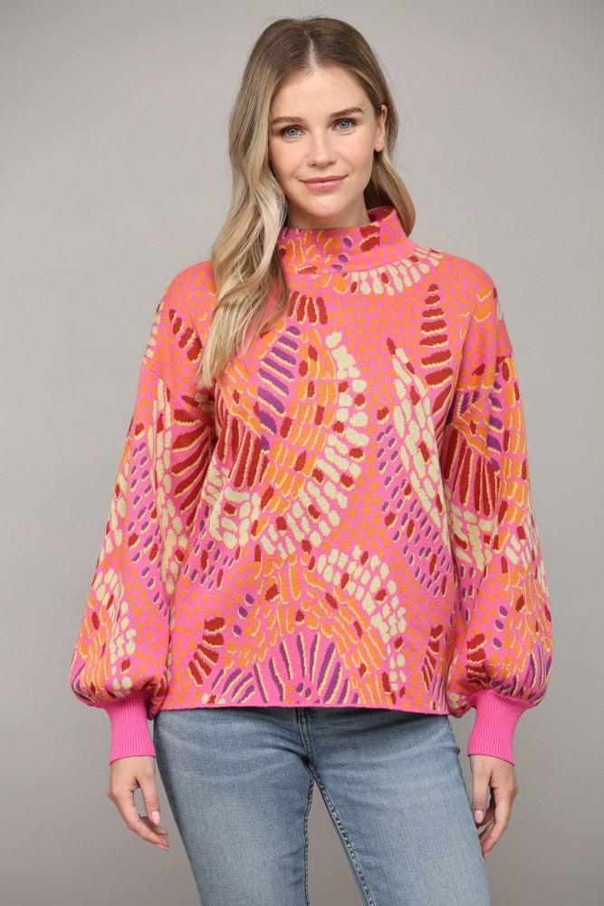 MOCK NECK ABSTRACT SWEATER