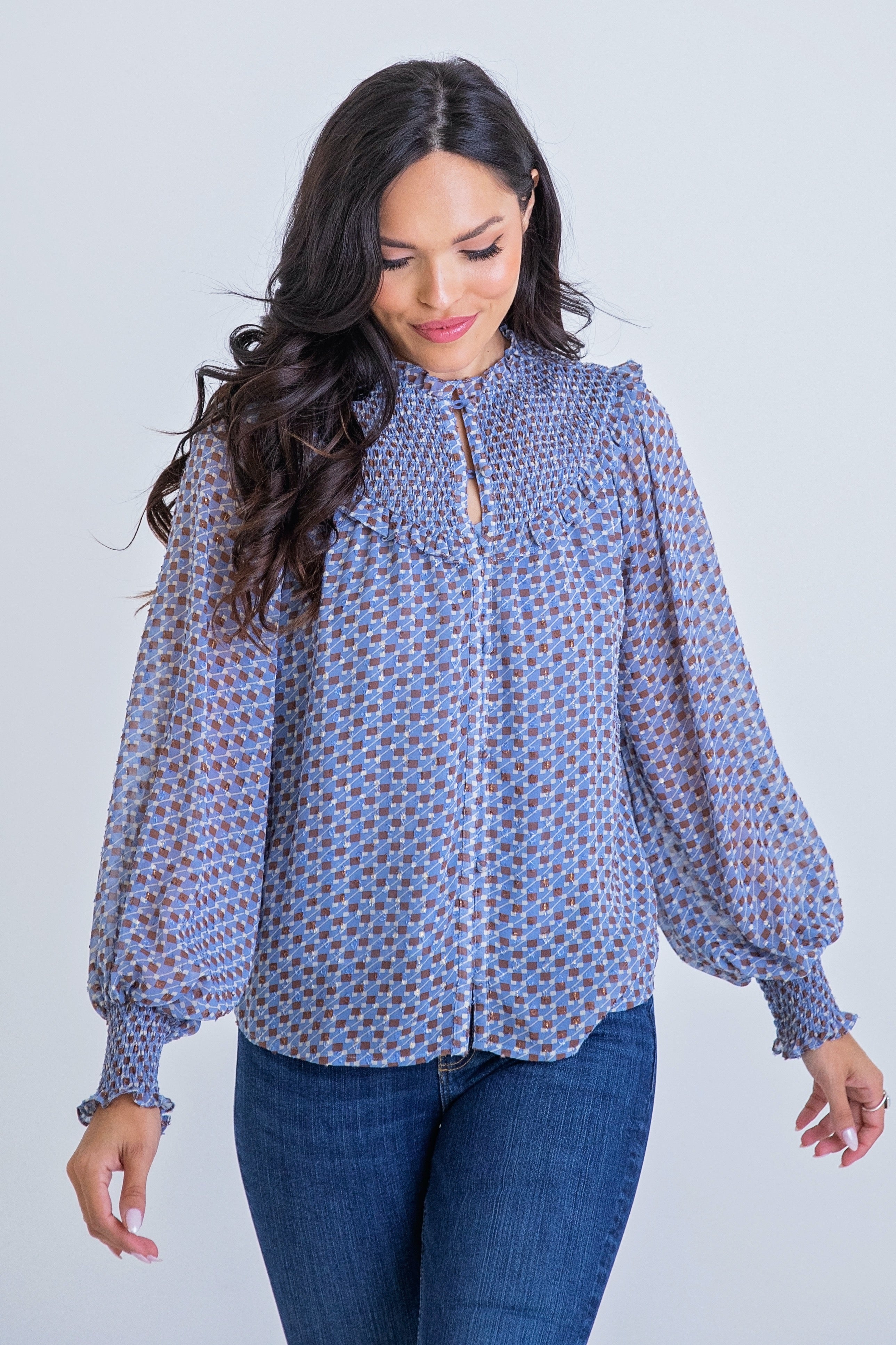 GEOMETRIC SMOCKED BUTTON TOP (PREORDER)