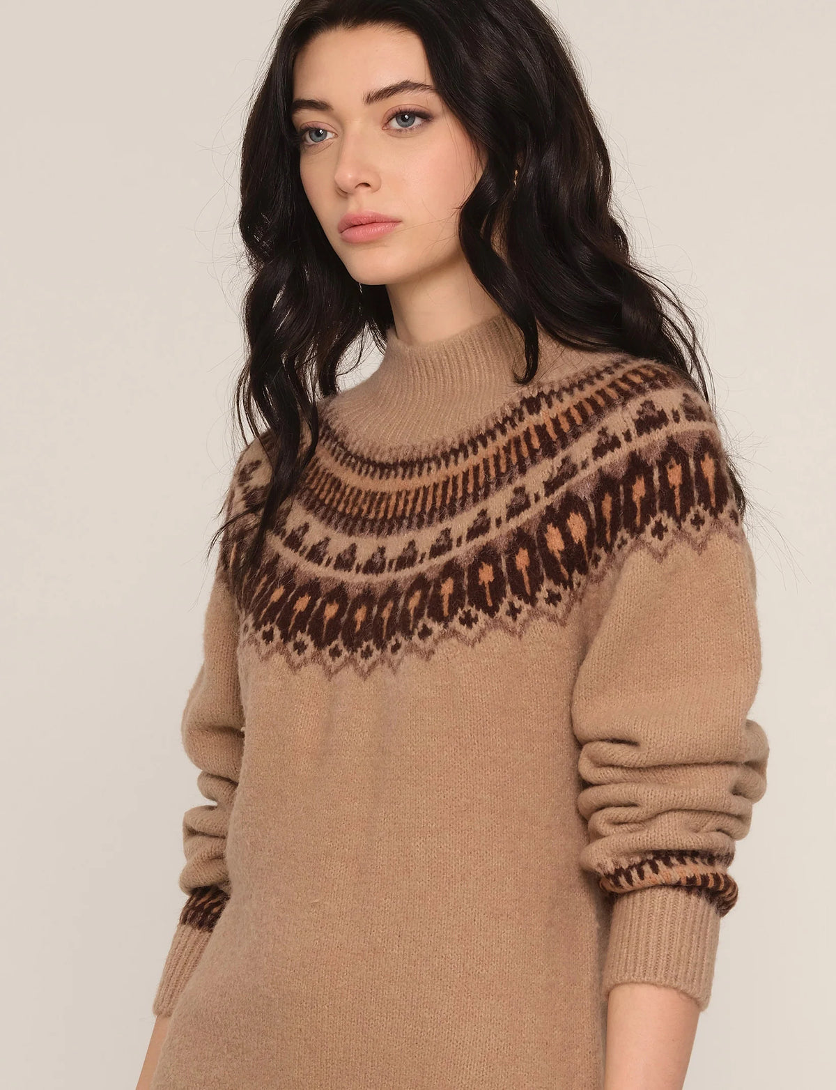Heartloom Roxas Dress featuring brown and rust Fair Isle knit neckline
