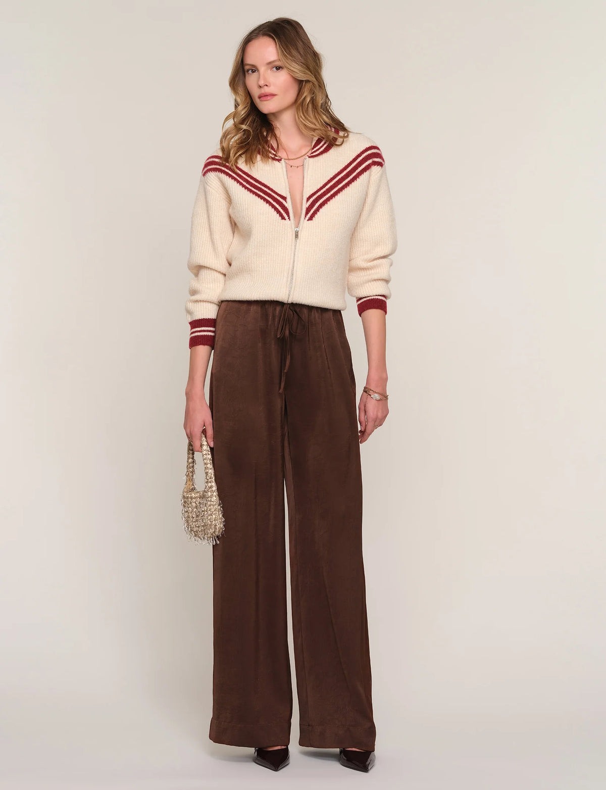 Heartloom Kairi chocolate brown wide-leg pants styled with Devon cardigan
