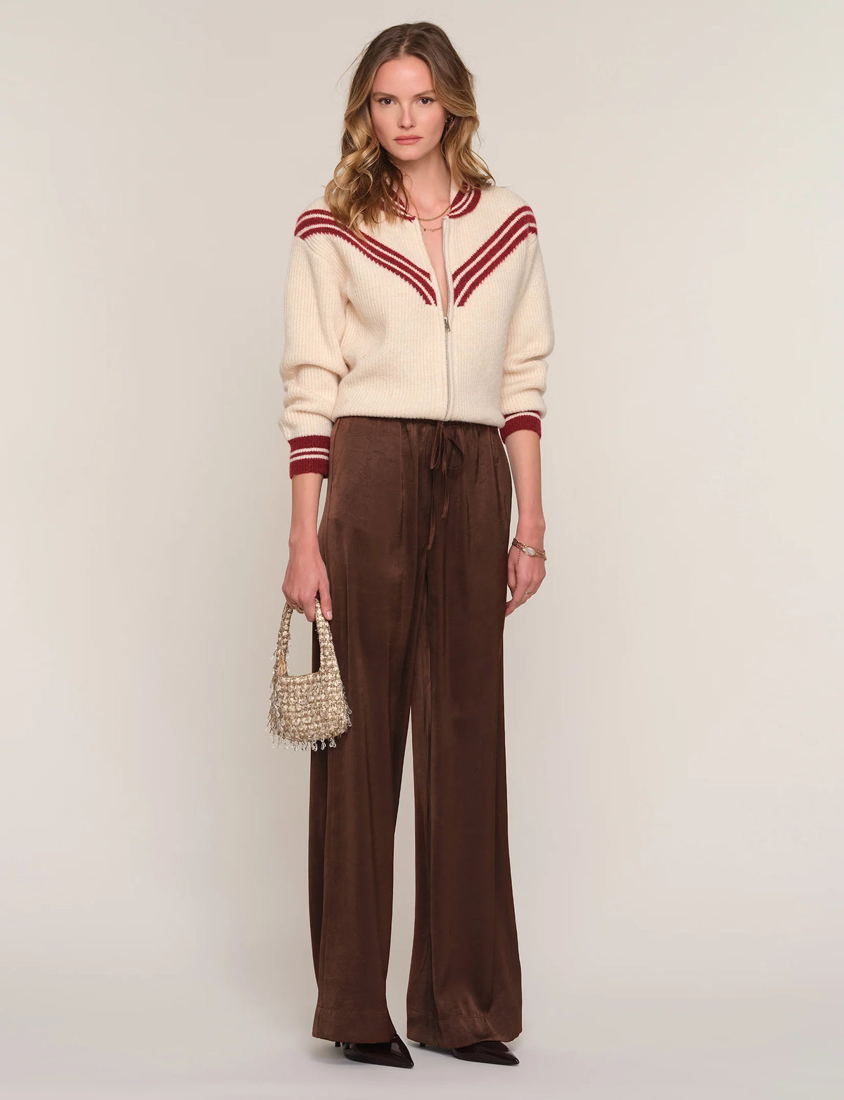 Heartloom Kairi brown pants styled with cream and burgundy cardigan
