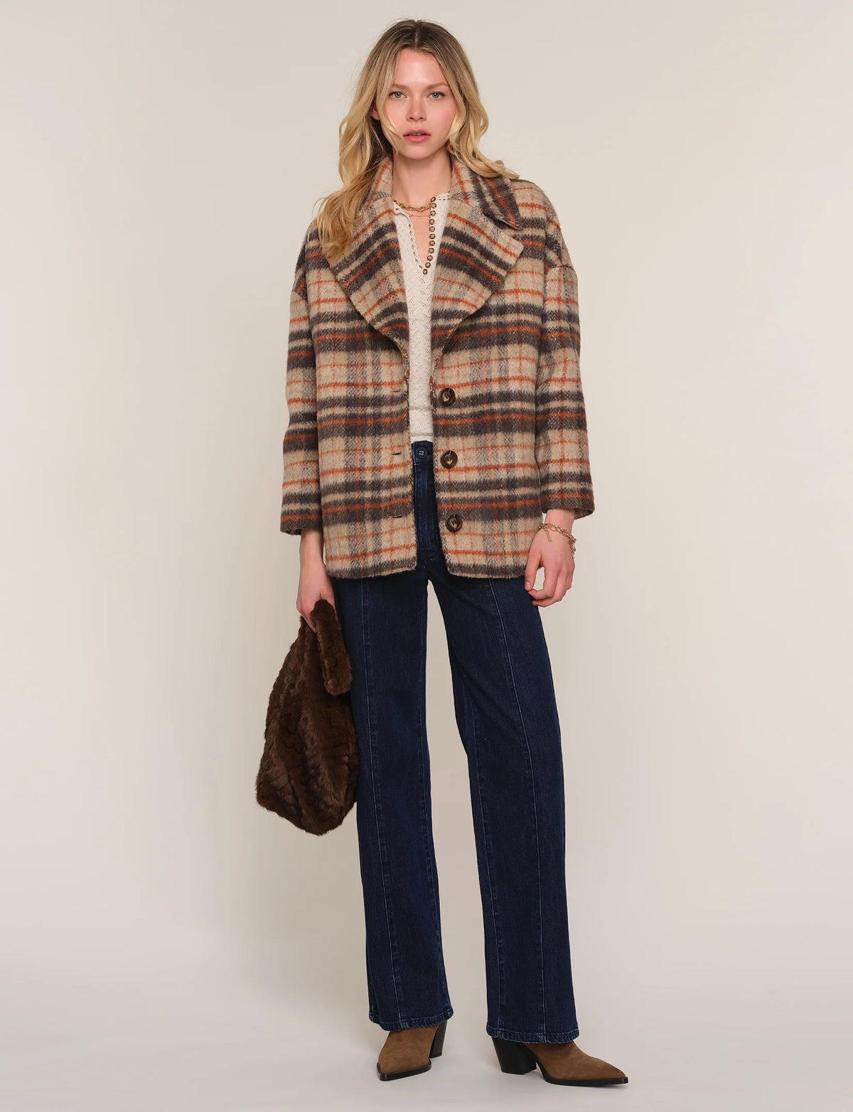 Heartloom Mackie plaid coat styled with dark denim
