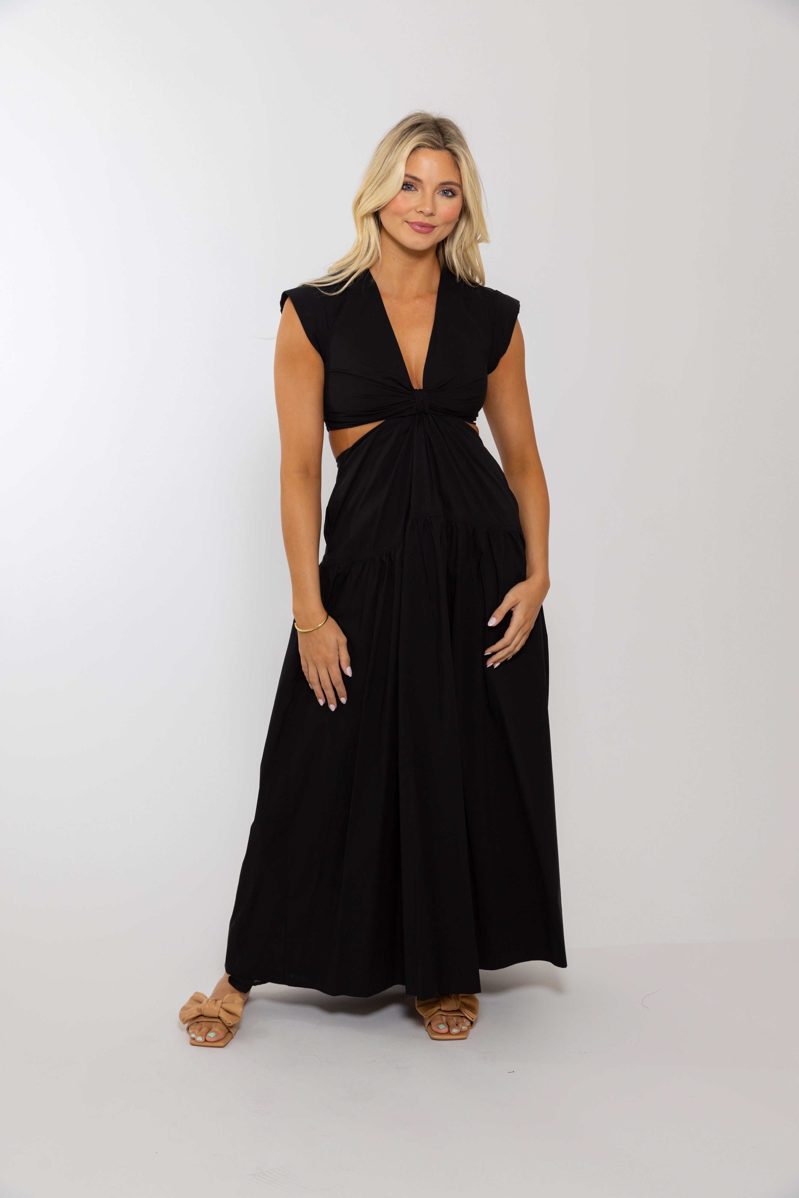 SOLID POPLIN KNOT CUT-OUT MAXI DRESS