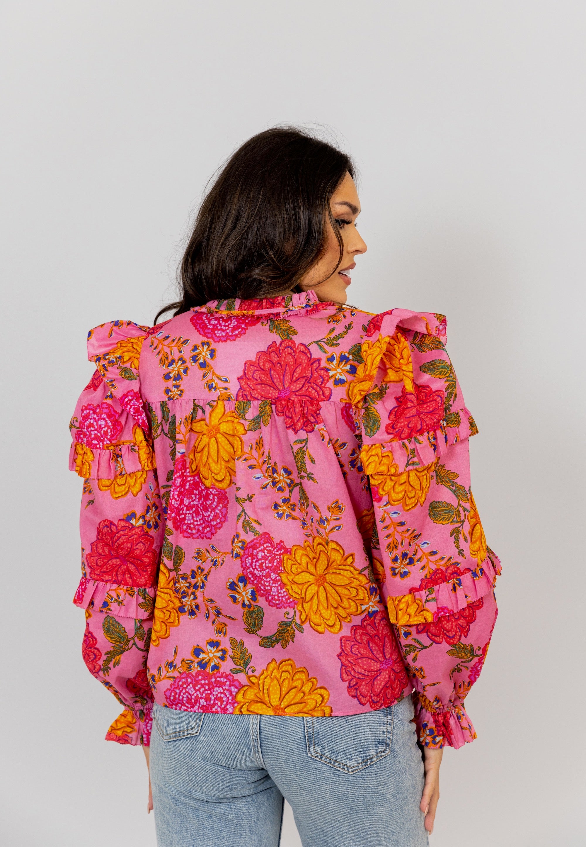 FLORAL POPLIN RUFFLE SLV TOP