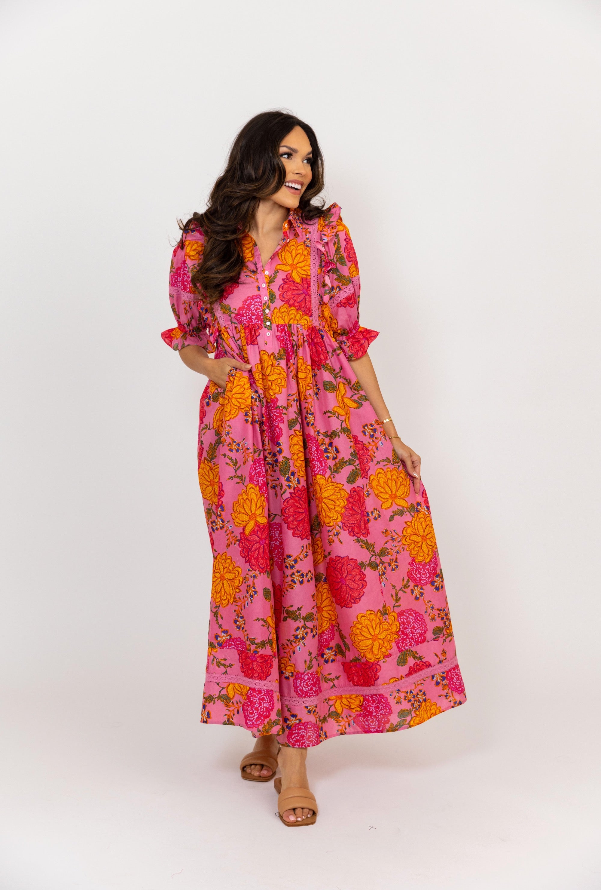 FLORAL POPLIN CROCHET MAXI DRESS