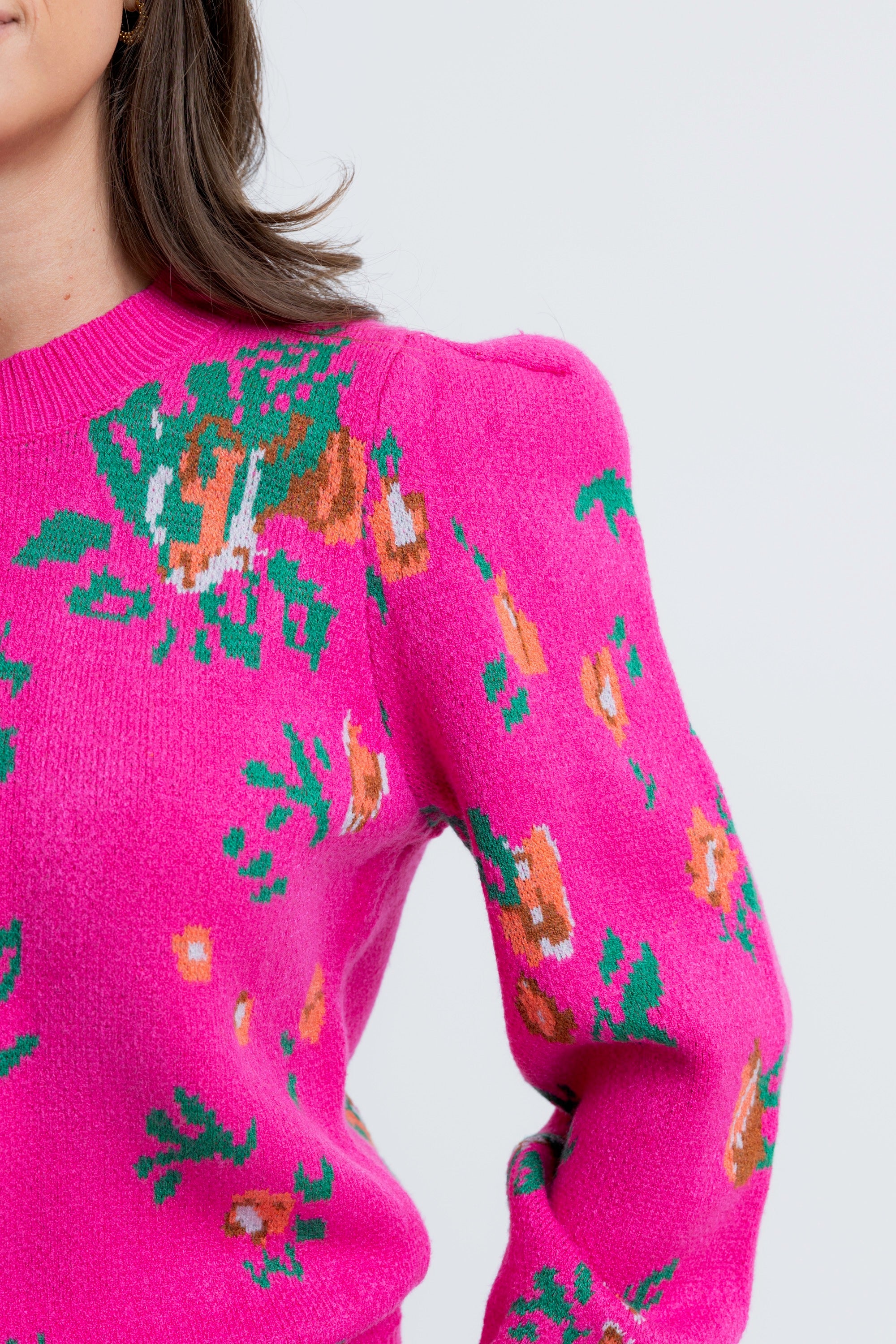 FLORAL PUFF SLV CREW SWEATER
