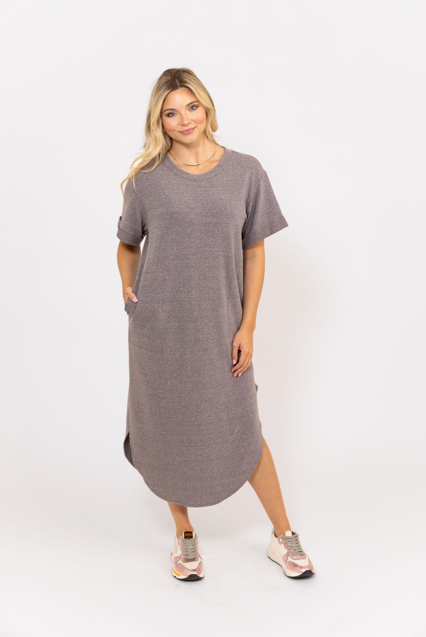 SOLID POCKET CREW MIDI DRESS