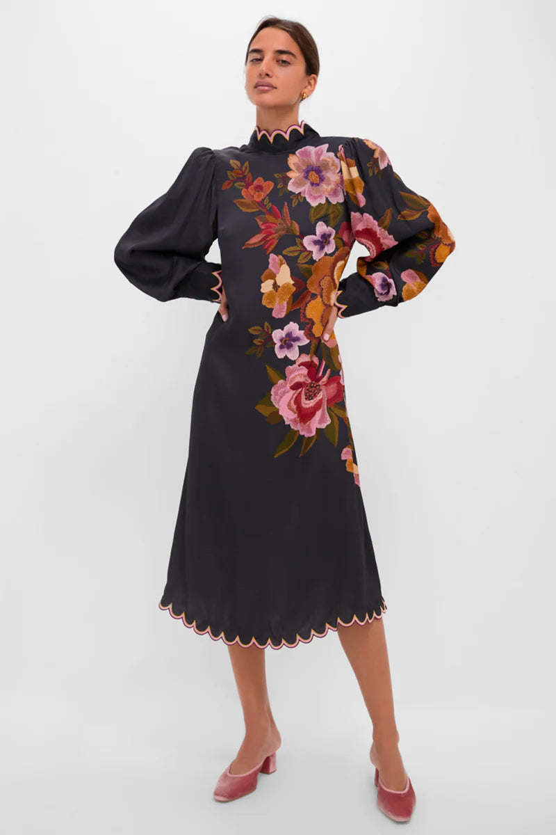CHENILLE FLOWERS MIDI DRESS