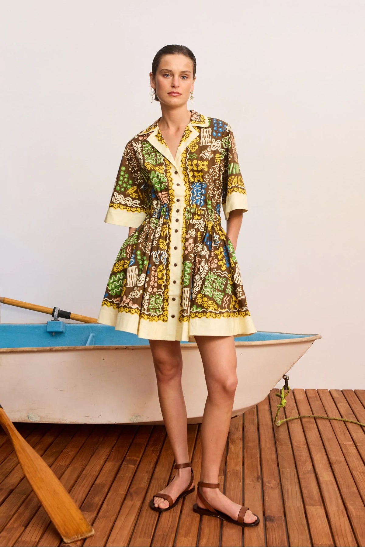 ALEMAIS Minnie Mini Dress colorful printed shirtdress front view
