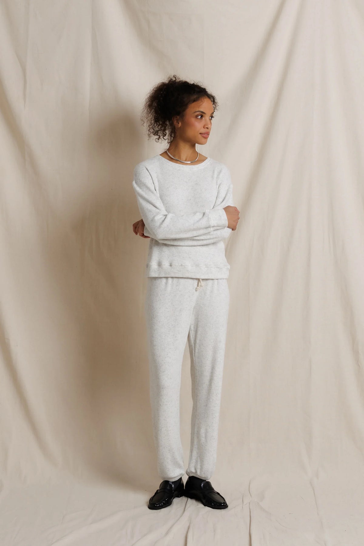 Perfect White Tee Brinley crewneck sweatshirt styled with matching Brynn sweatpants