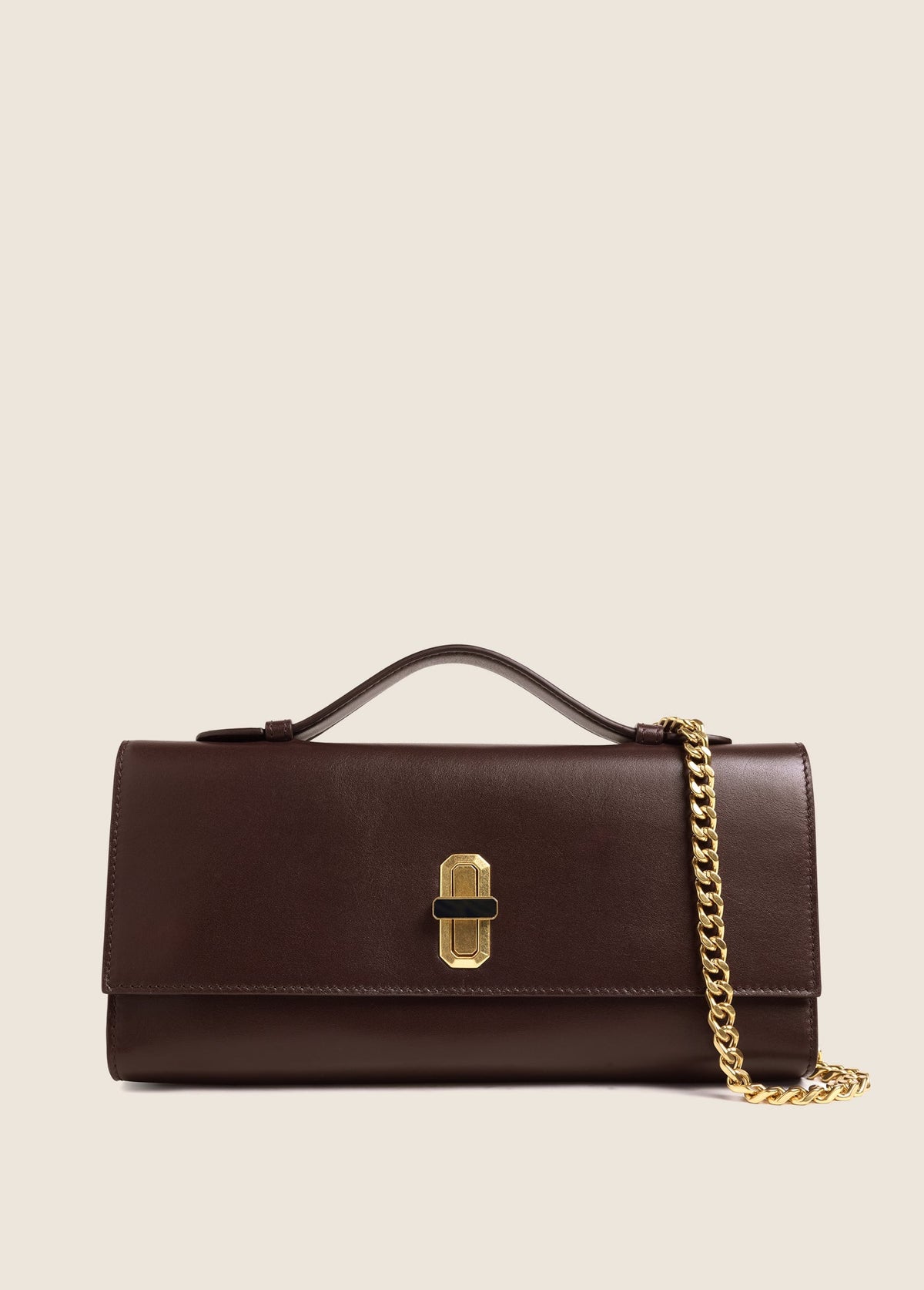 Favorite Daughter Heirloom Clutch brown structured handbag with gold hardware and chain
