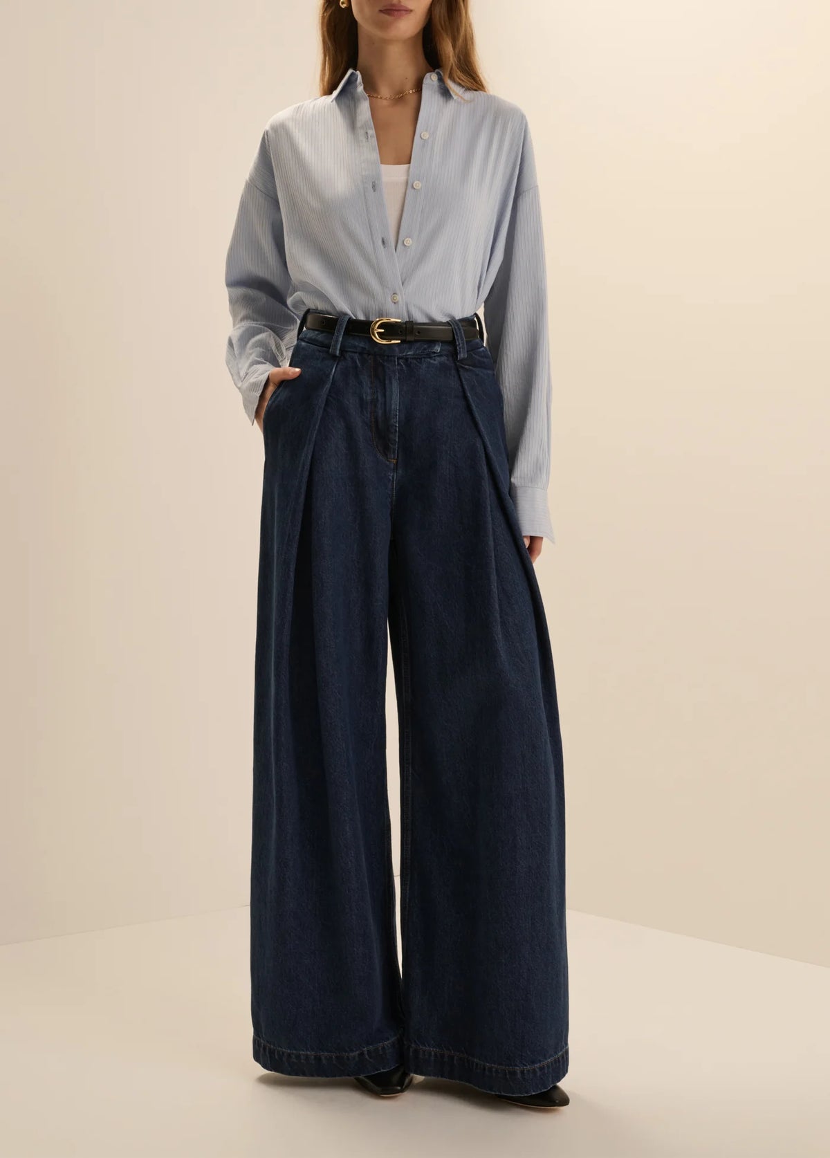 Favorite Daughter pleated wide leg jeans with blue button down blouse front view
