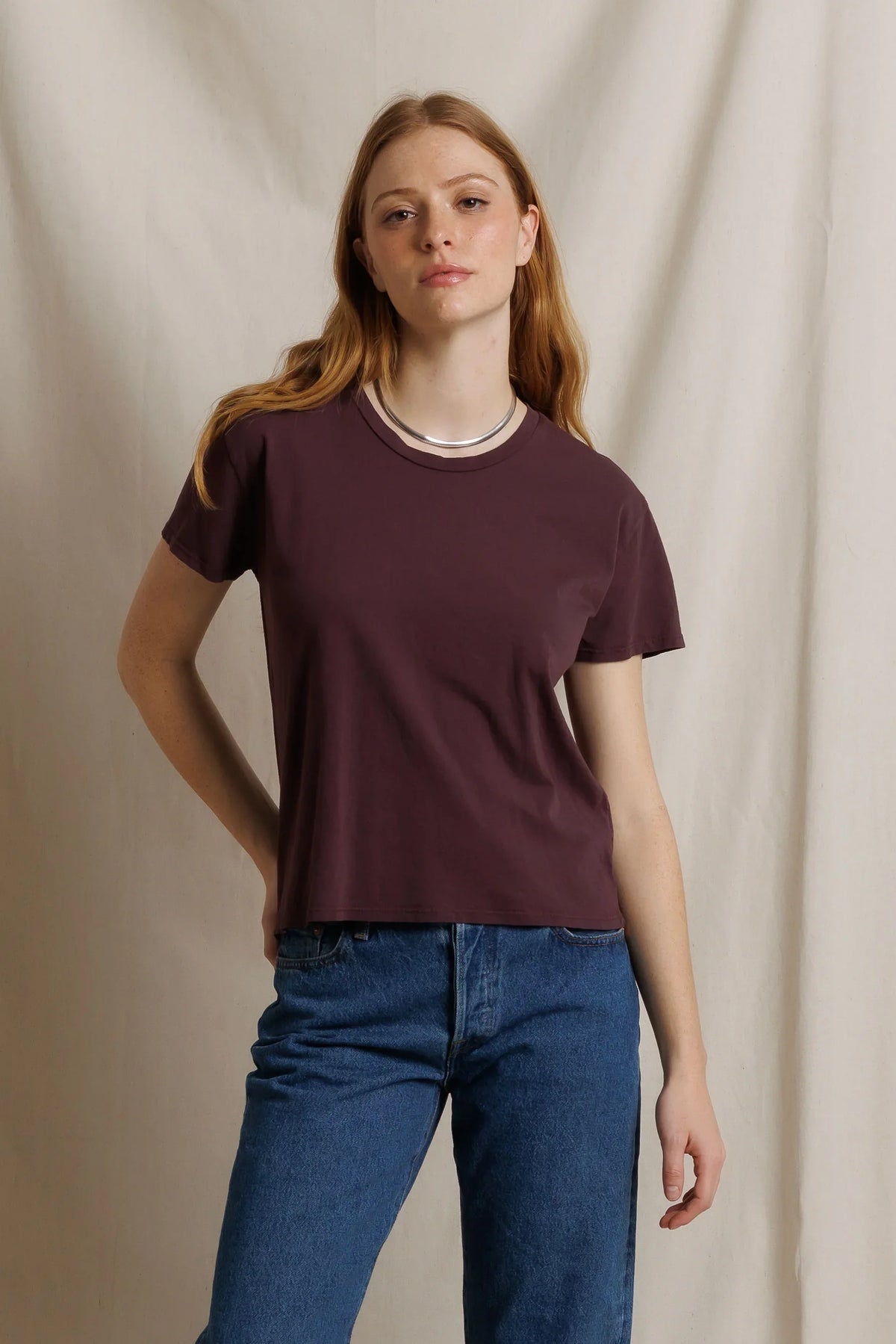 Perfect White Tee Harley burgundy crewneck t-shirt with blue jeans
