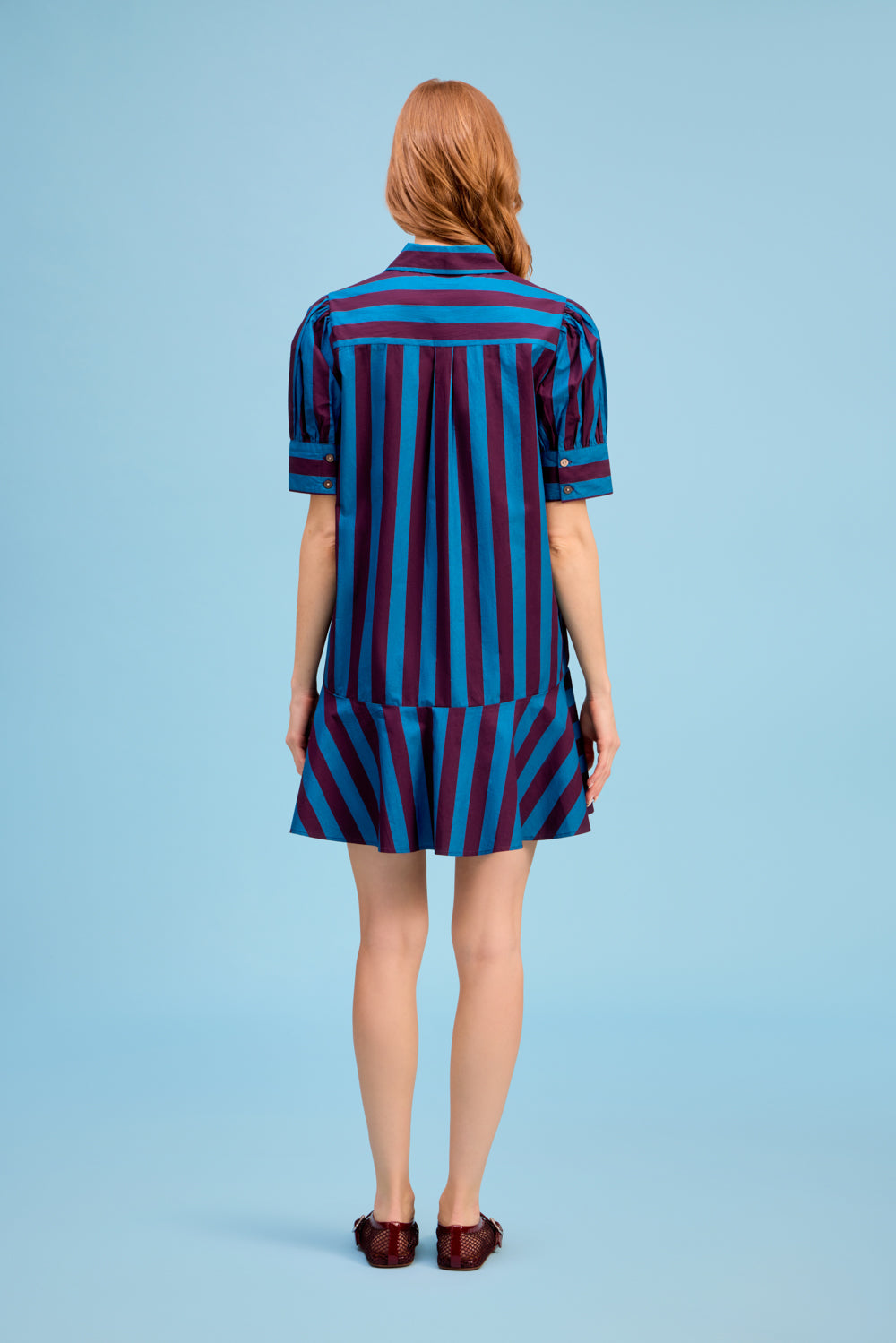 LIVRO Liv Dress in blue and burgundy stripes featuring a collared neckline, short sleeves, and mini length at Harringtons Boutique.