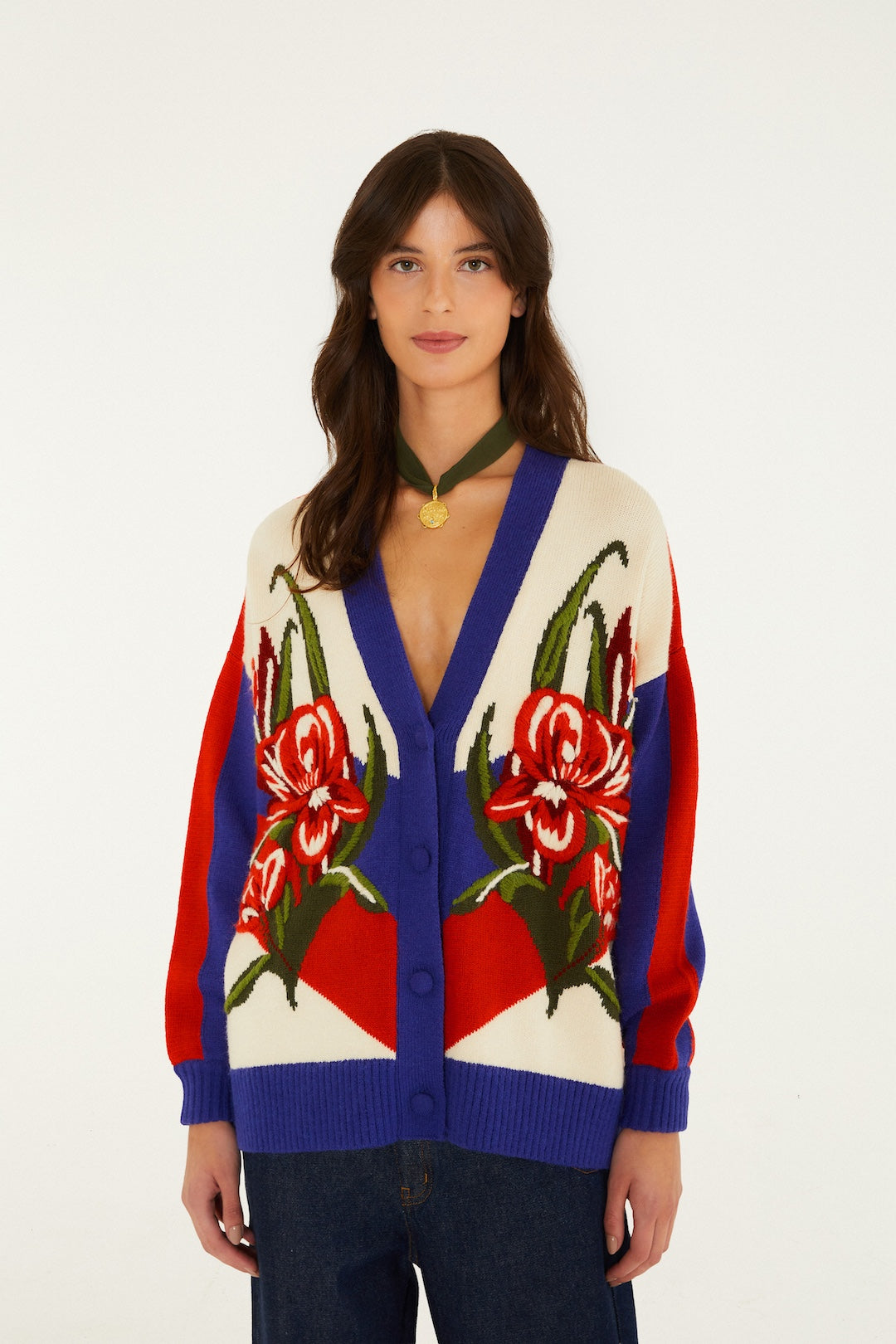 FARM RIO BOLD STRIPE FLOWERS KNIT CARDIGAN
