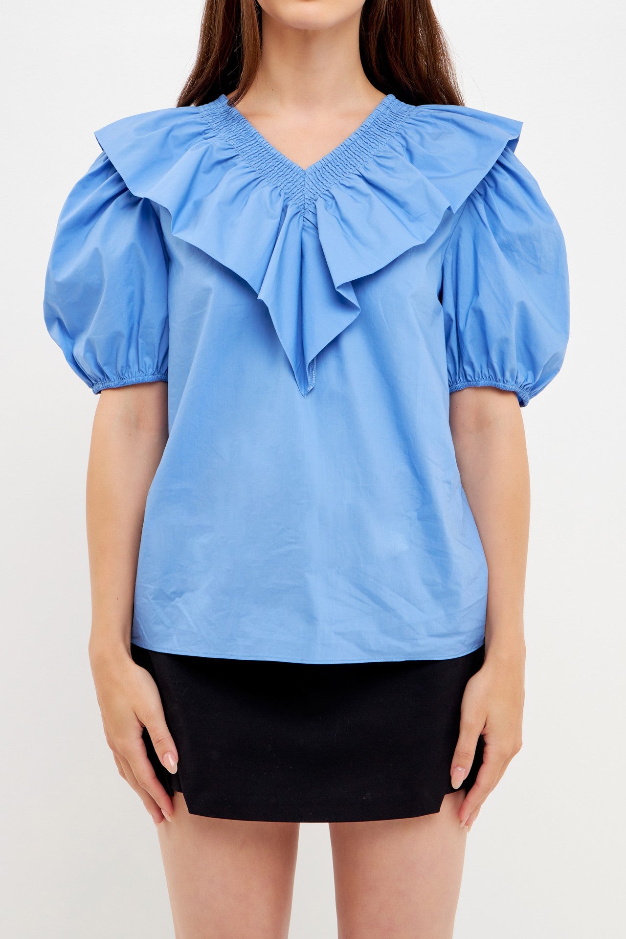 WOMENS SHORT SLEEVE RUFFLE BLUE TOP