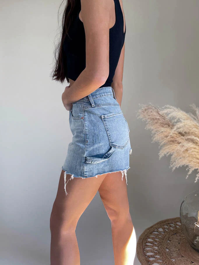 THE KNOCKOUT UTILITY HIGH RISE DENIM SHORTS
